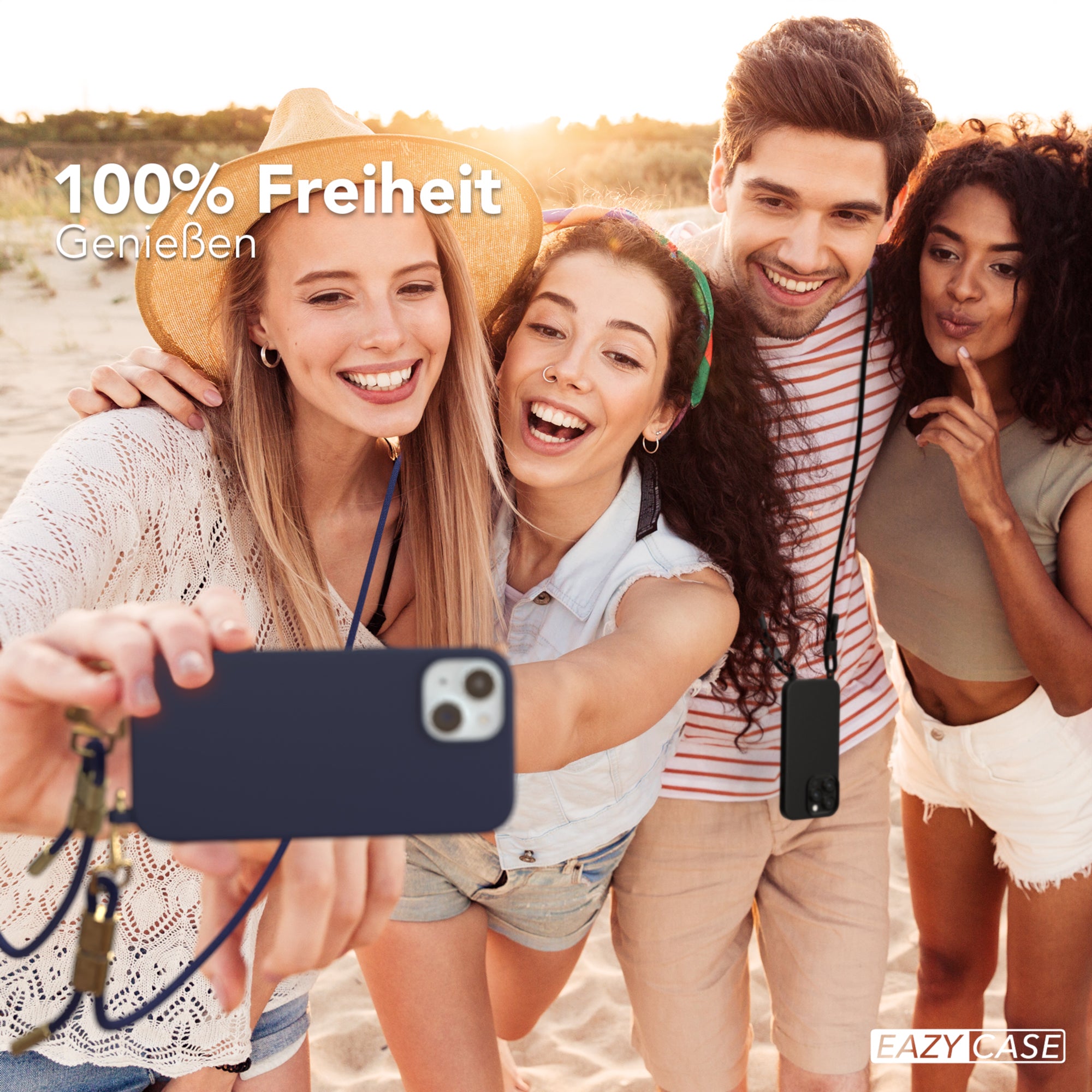 iPhone 15 Silikonhülle + Kordel mit Karabinern