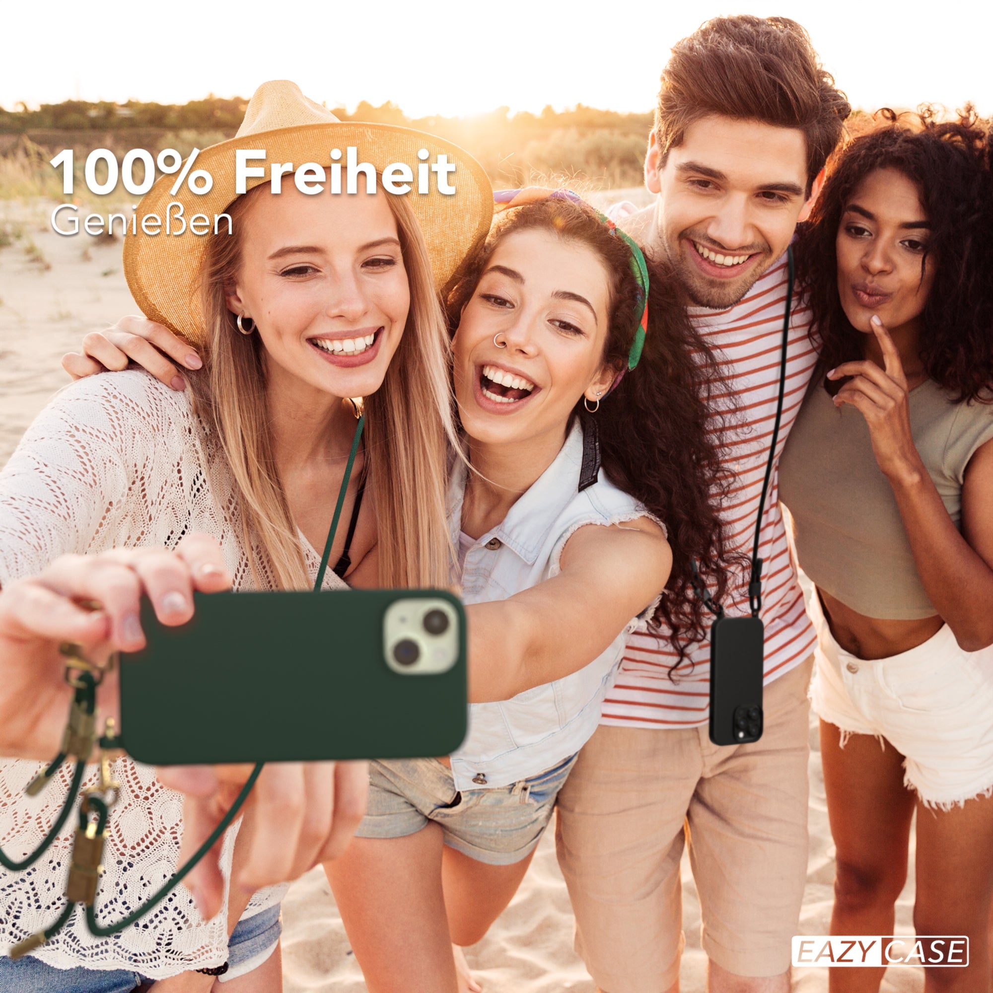 iPhone 15 Silikonhülle + Kordel mit Karabinern