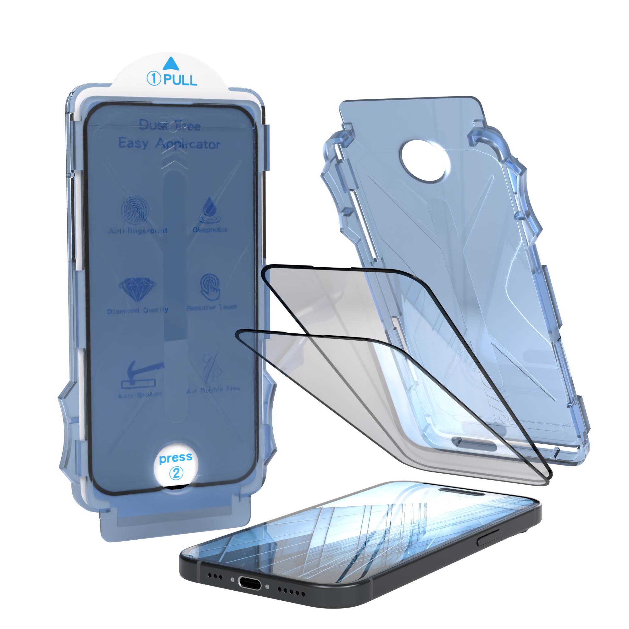Apple iPhone 15 Glasfolie Set mit Installationsrahmen und Kameraschutz