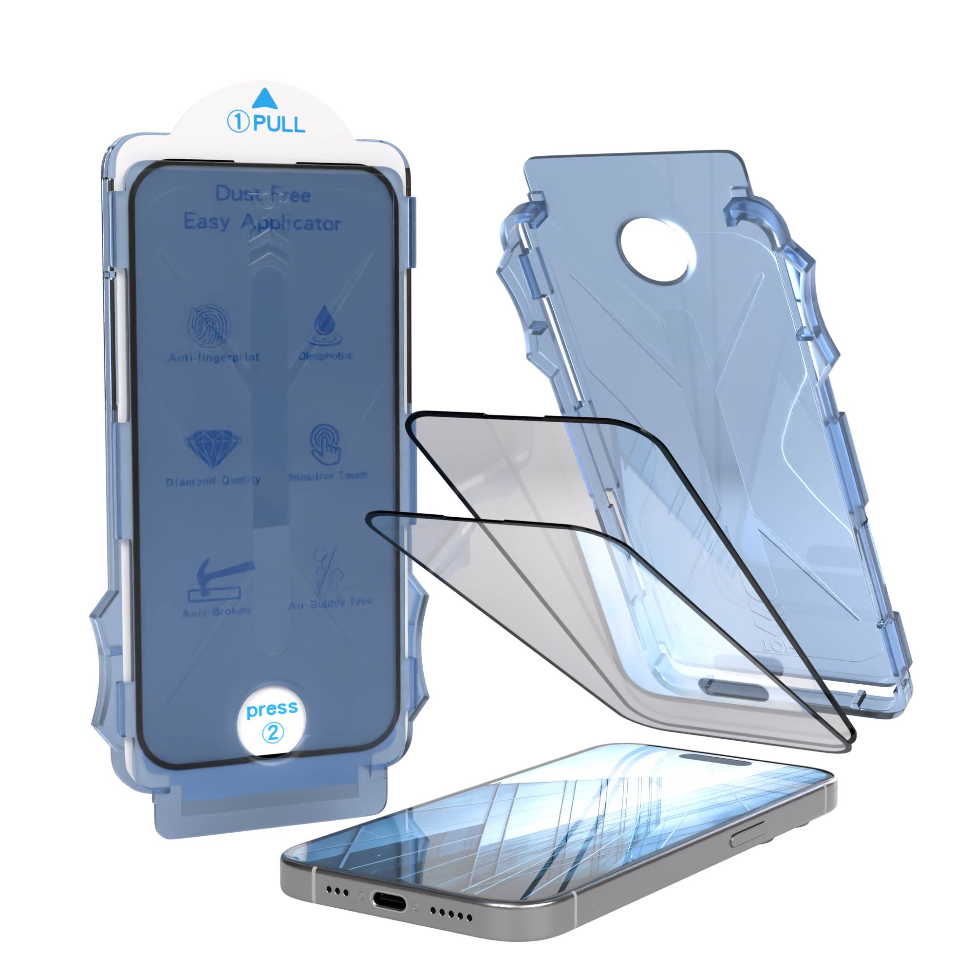 iPhone 15 Pro Schutzfolie Set mit Installationsrahmen und Kameraschutz