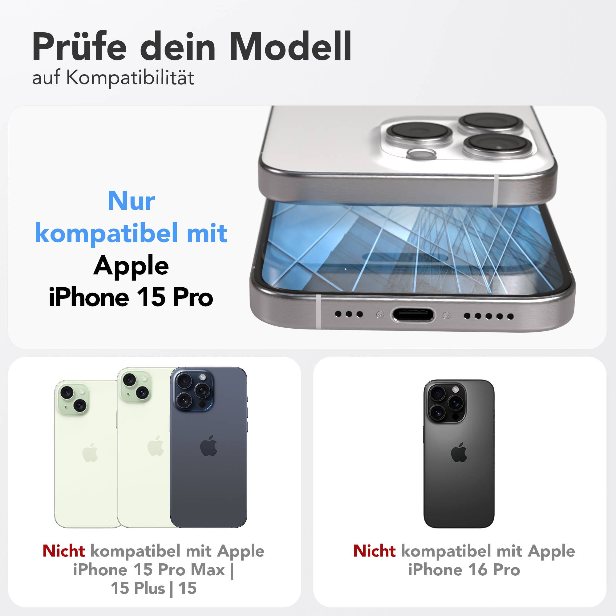 iPhone 15 Pro Schutzfolie Set mit Installationsrahmen und Kameraschutz