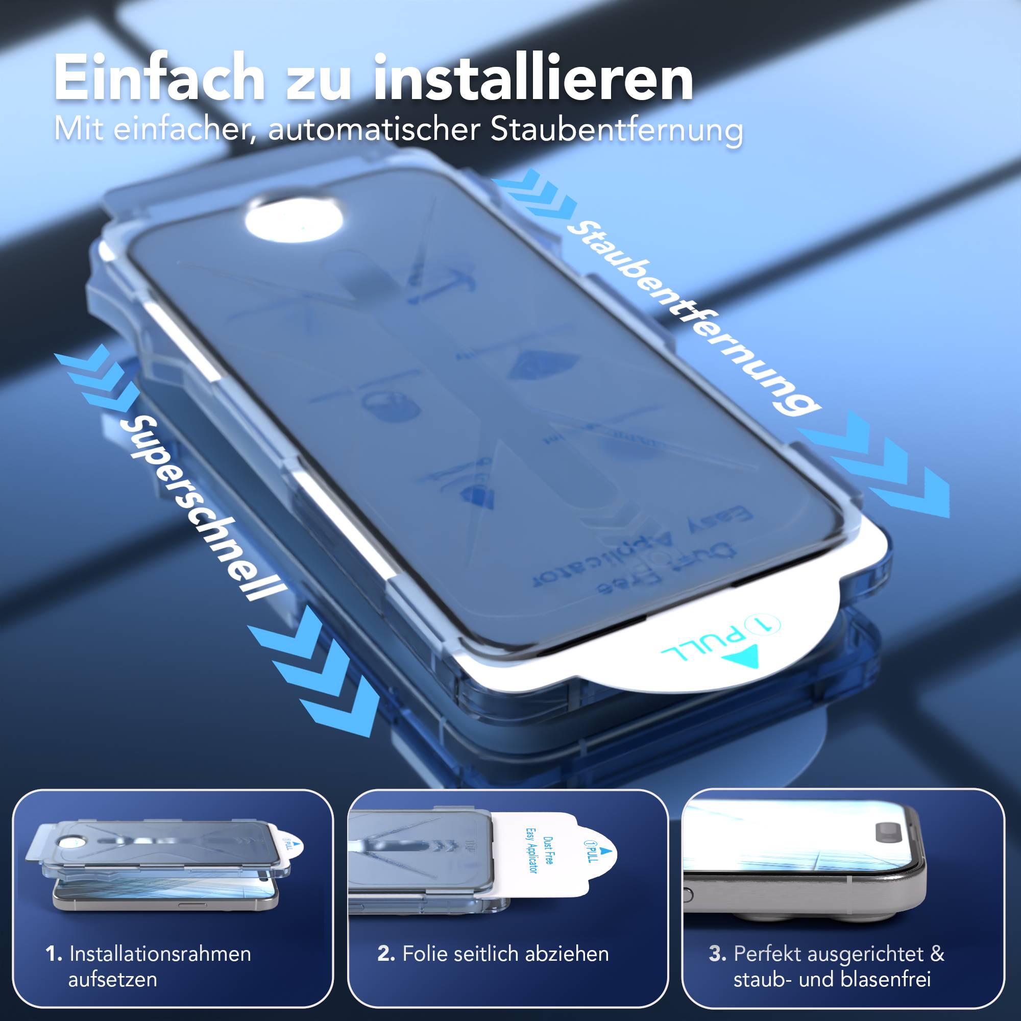 iPhone 15 Pro Schutzfolie Set mit Installationsrahmen und Kameraschutz