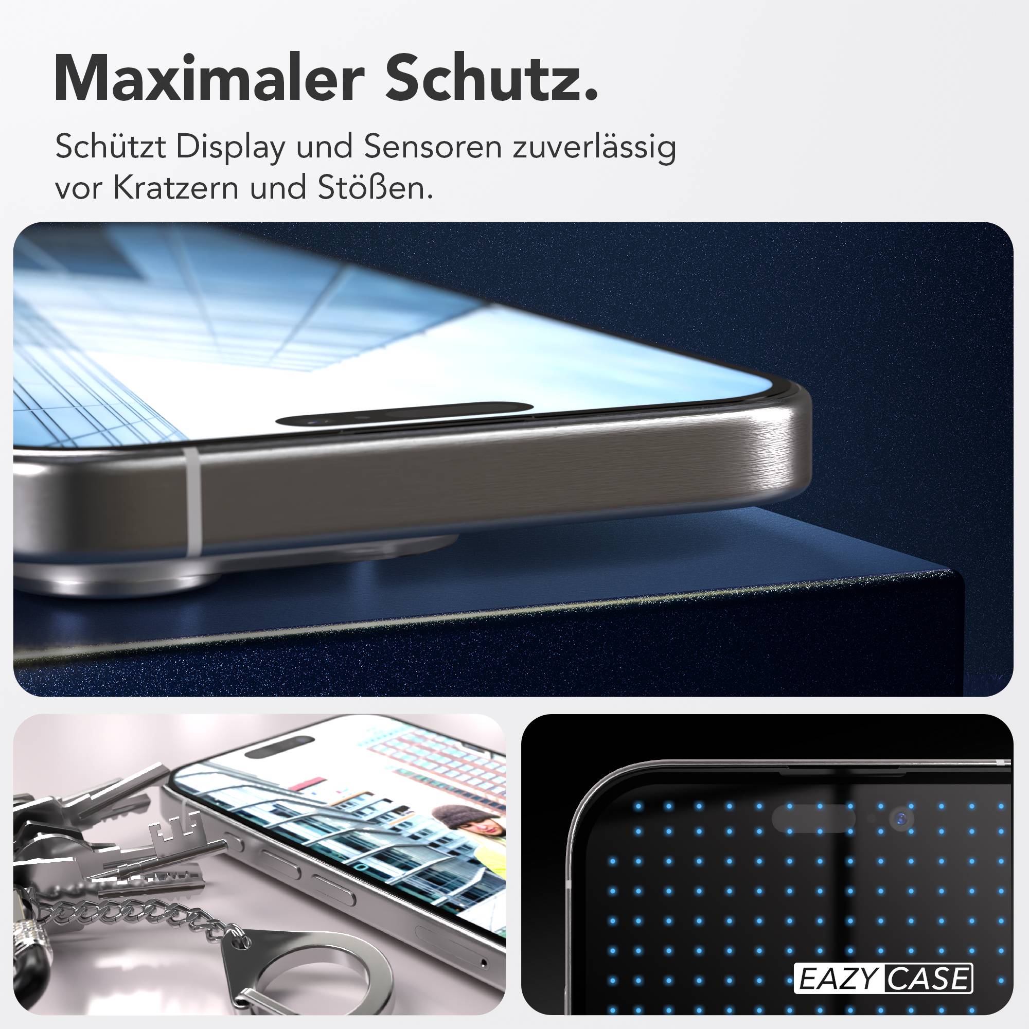 iPhone 15 Pro Schutzfolie Set mit Installationsrahmen und Kameraschutz