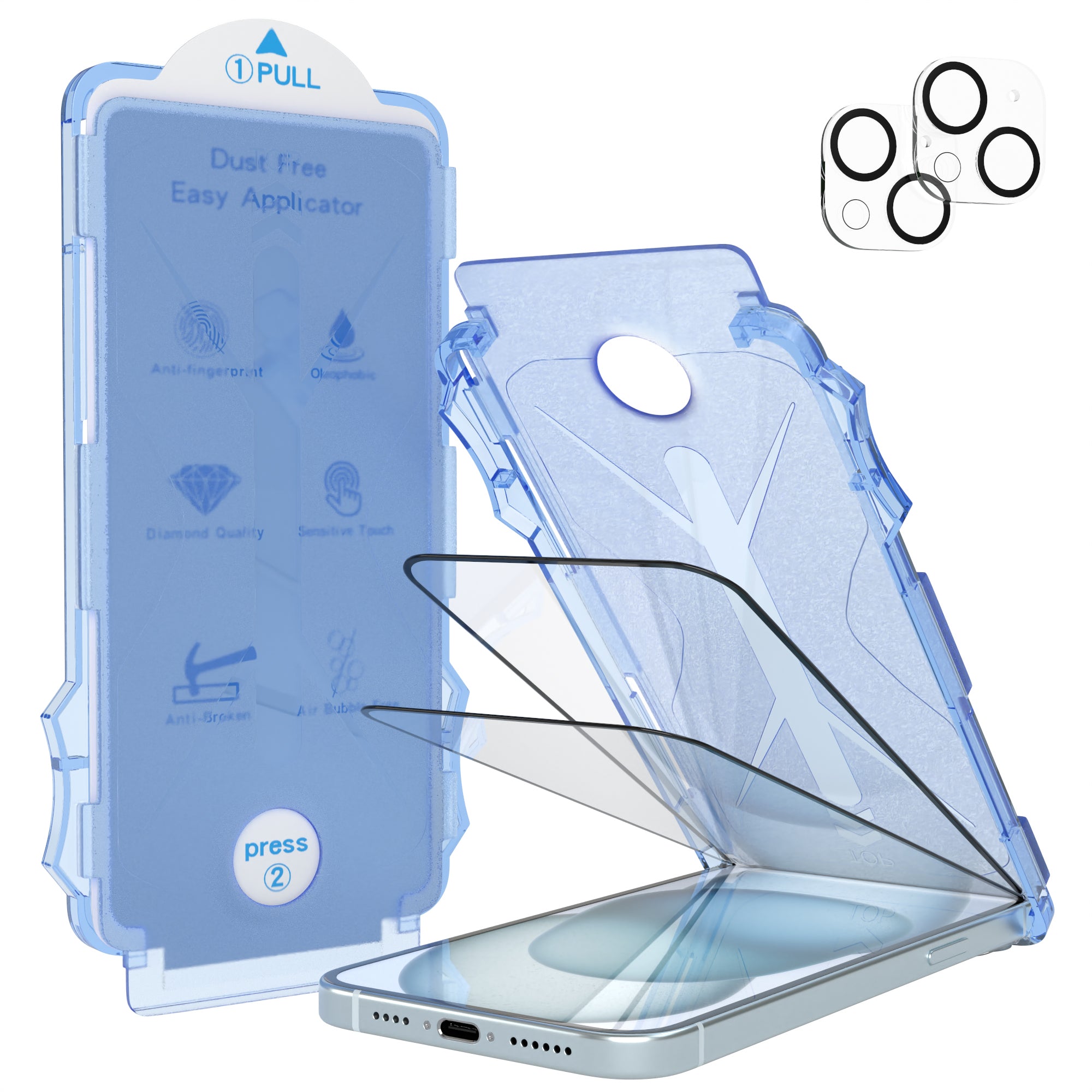iPhone 15 Plus 2er Set Glasfolie + Installationsrahmen