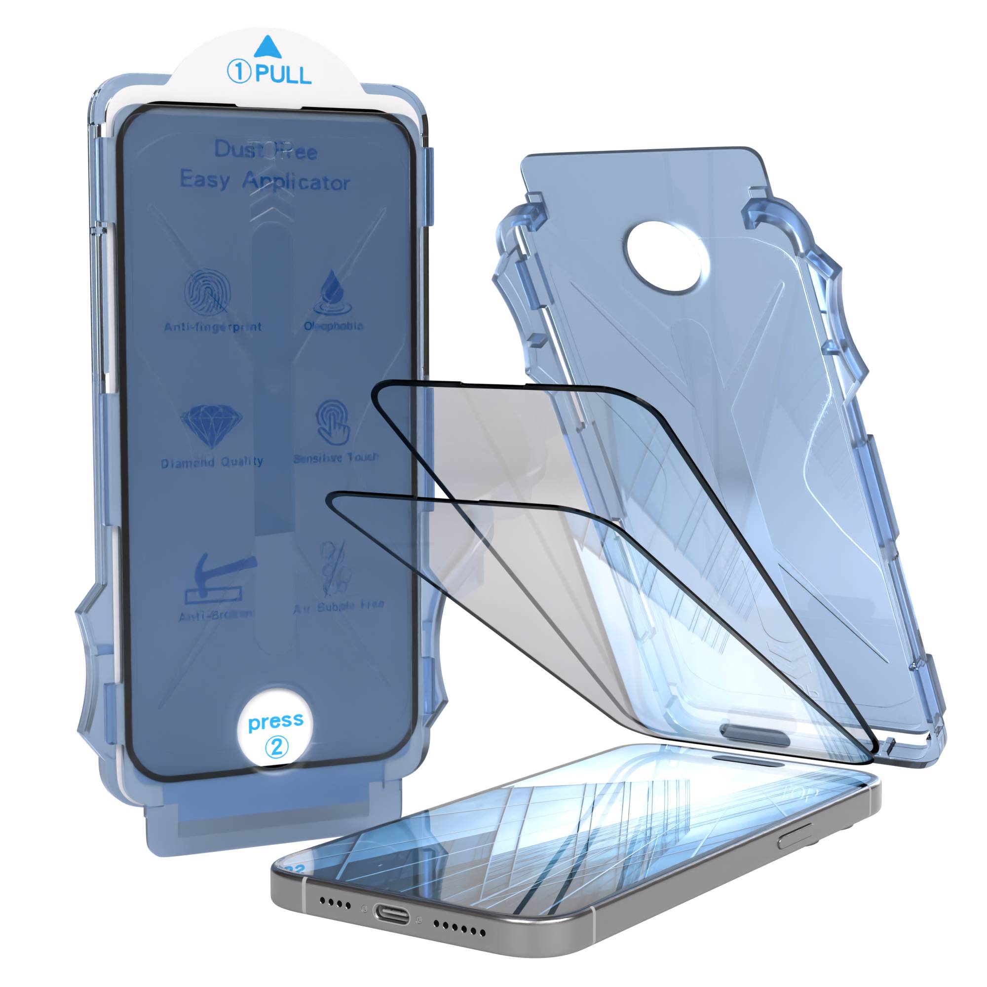 iPhone 15 Pro Max Schutzfolie Set mit Installationsrahmen und Kameraschutz