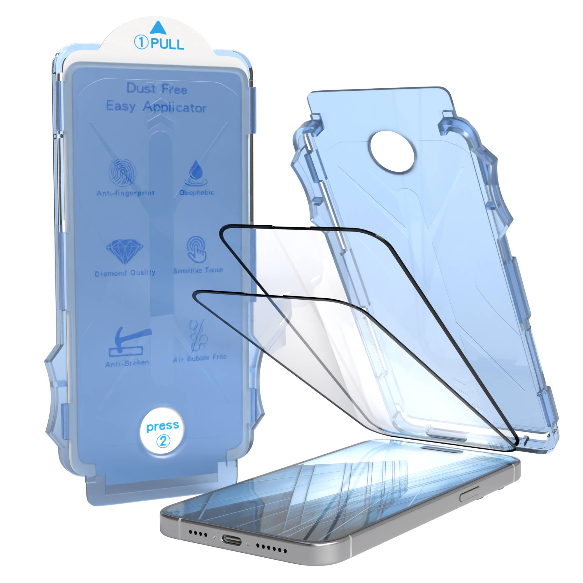 iPhone 15 Pro Max Schutzfolie Set mit Installationsrahmen und Kameraschutz