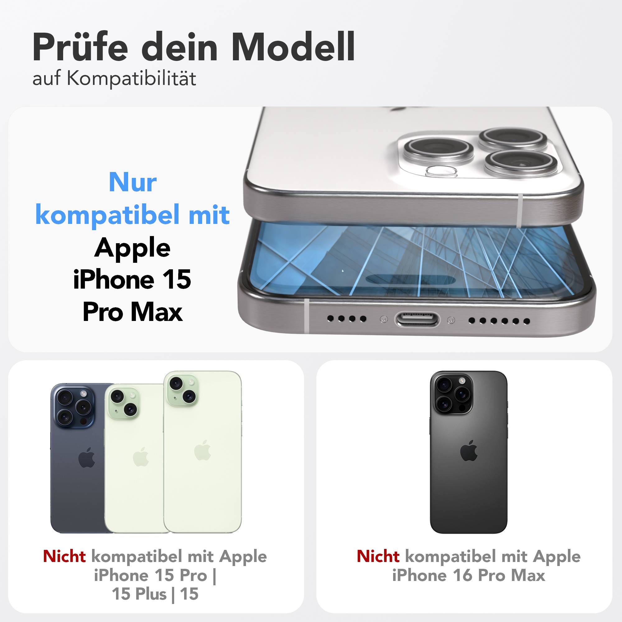 iPhone 15 Pro Max Schutzfolie Set mit Installationsrahmen und Kameraschutz