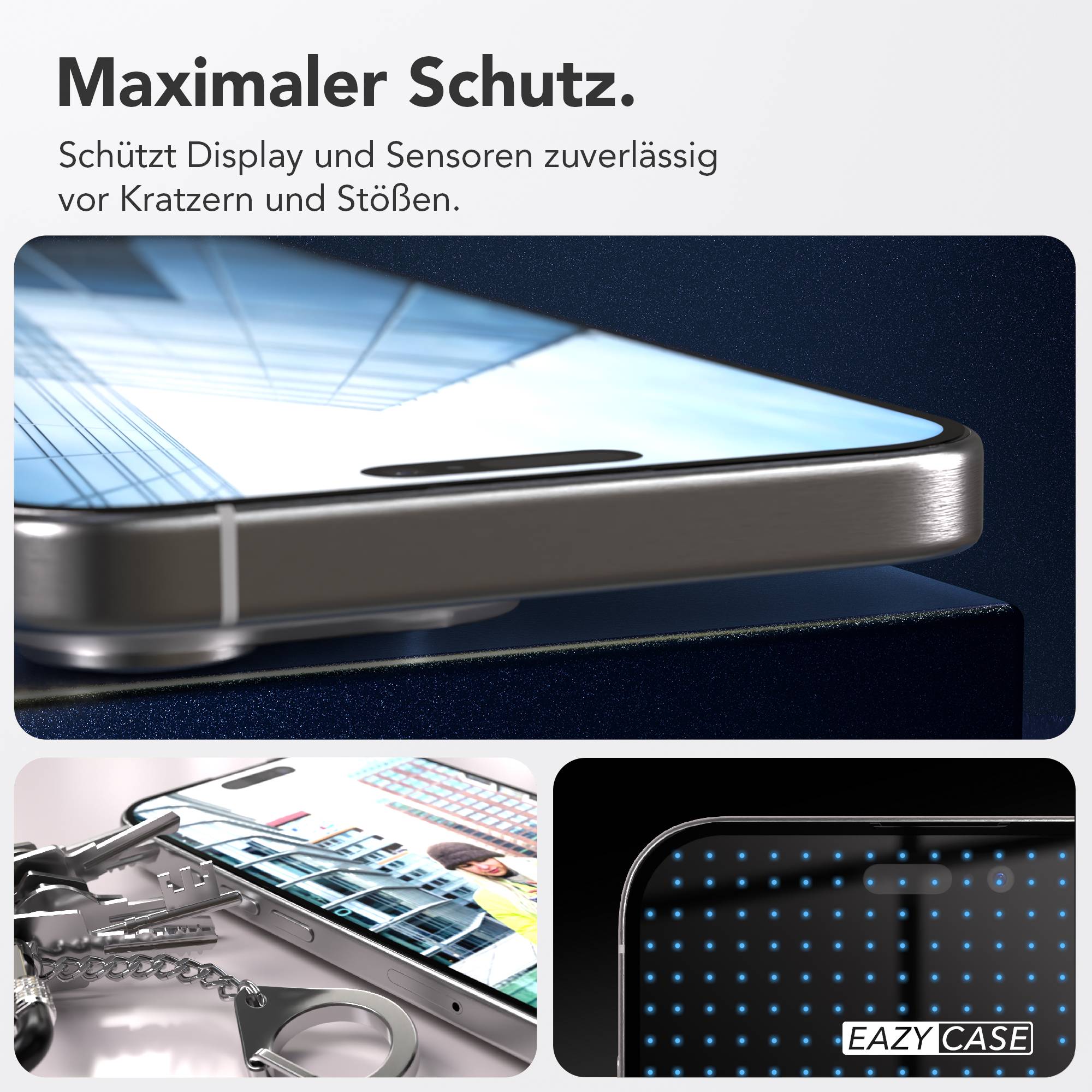 iPhone 15 Pro Max Schutzfolie Set mit Installationsrahmen und Kameraschutz