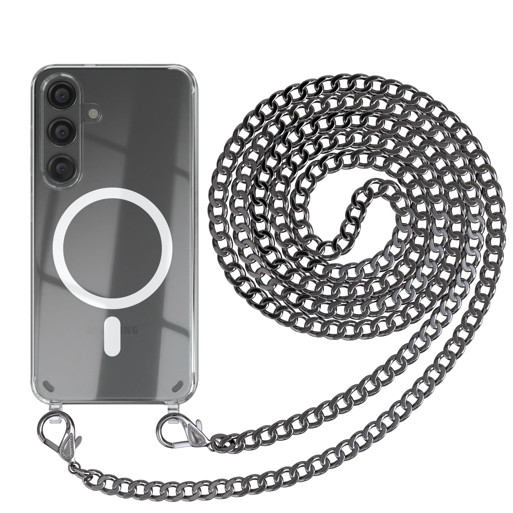 Galaxy S24 Hülle mit Metallkette + Schwarze Kordel mit MagSafe