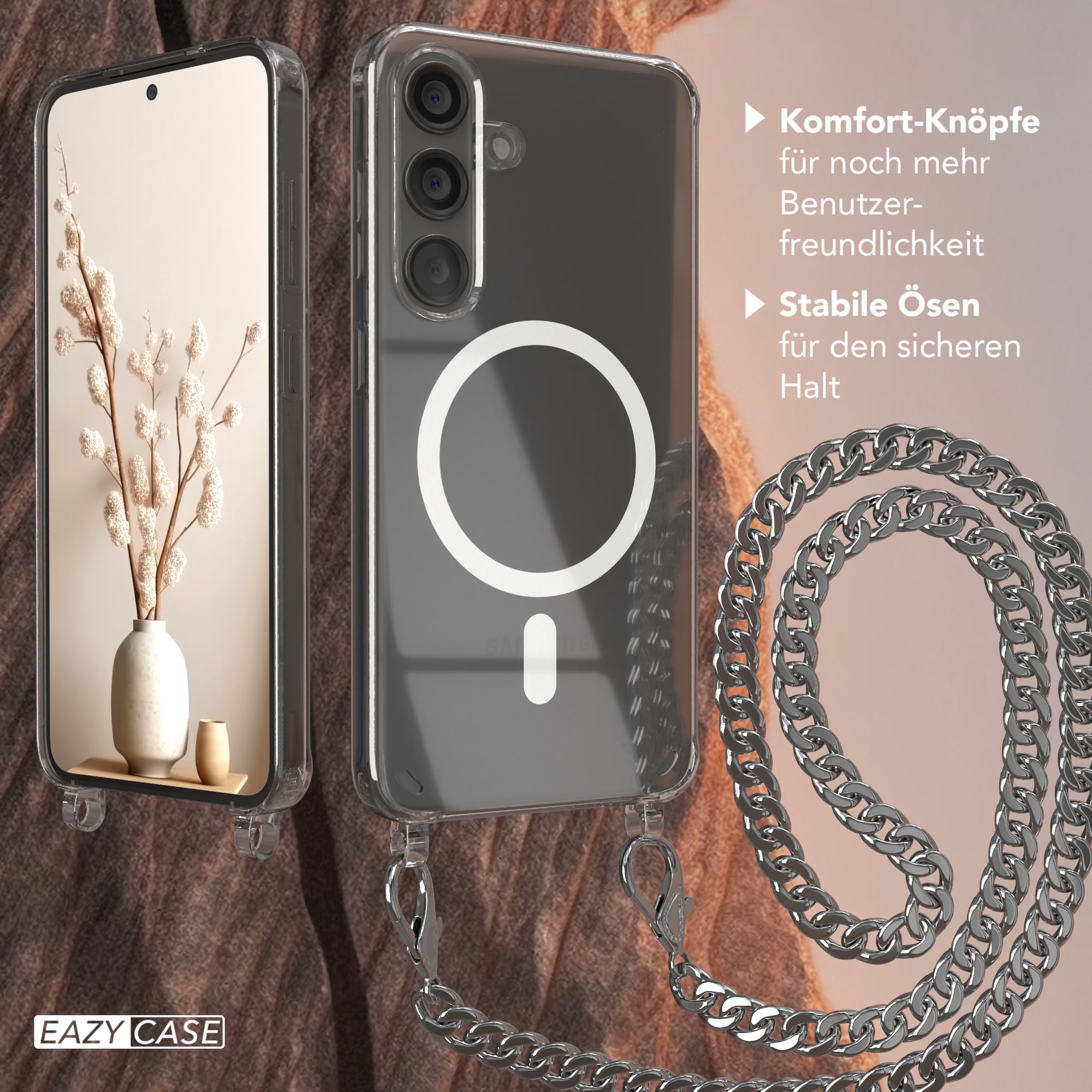 Galaxy S24 Hülle mit Metallkette + Schwarze Kordel mit MagSafe