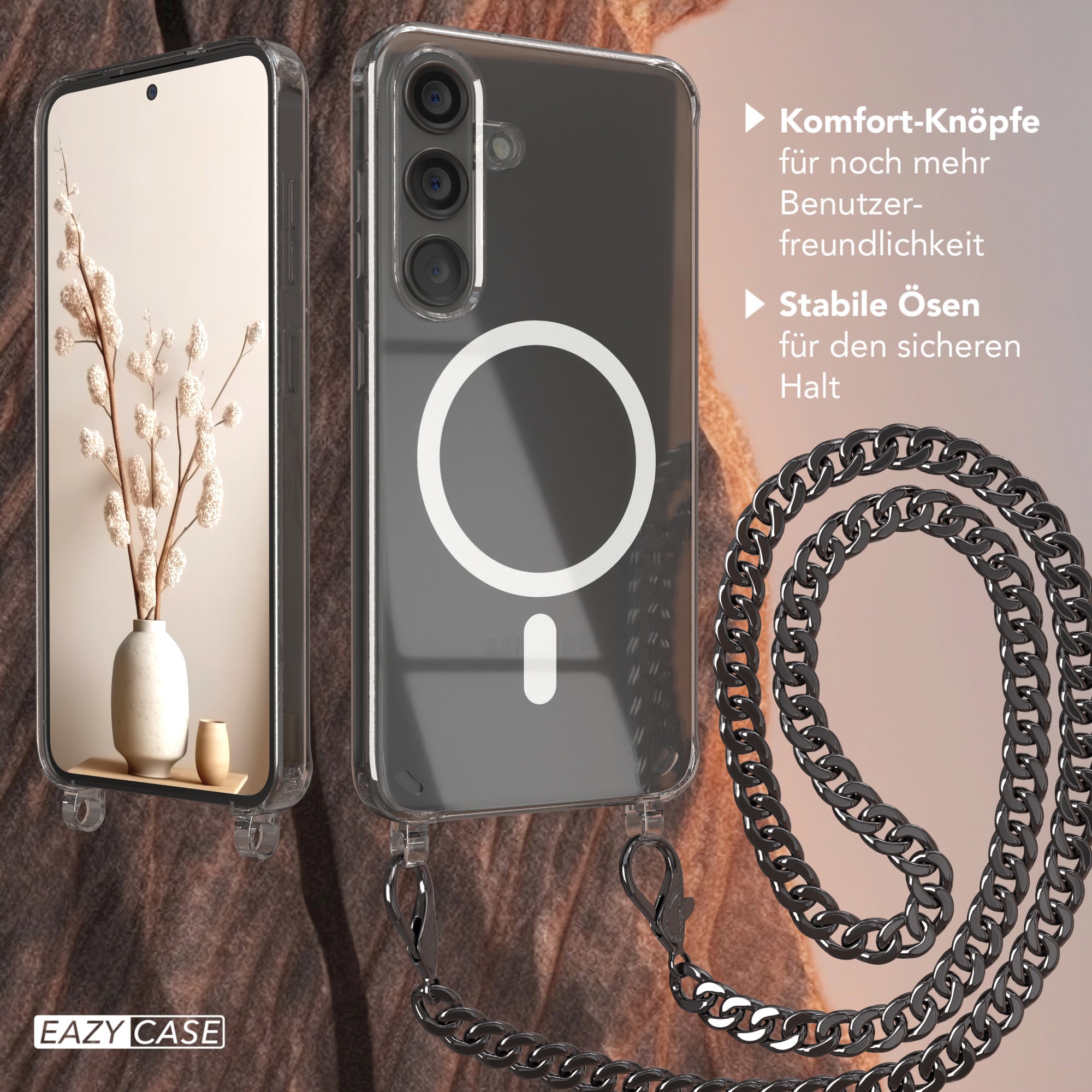 Galaxy S24 Hülle mit Metallkette + Schwarze Kordel mit MagSafe