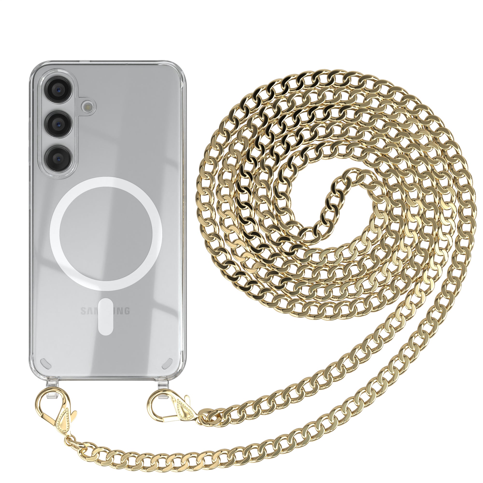 Galaxy S24 Hülle mit Metallkette + Schwarze Kordel mit MagSafe