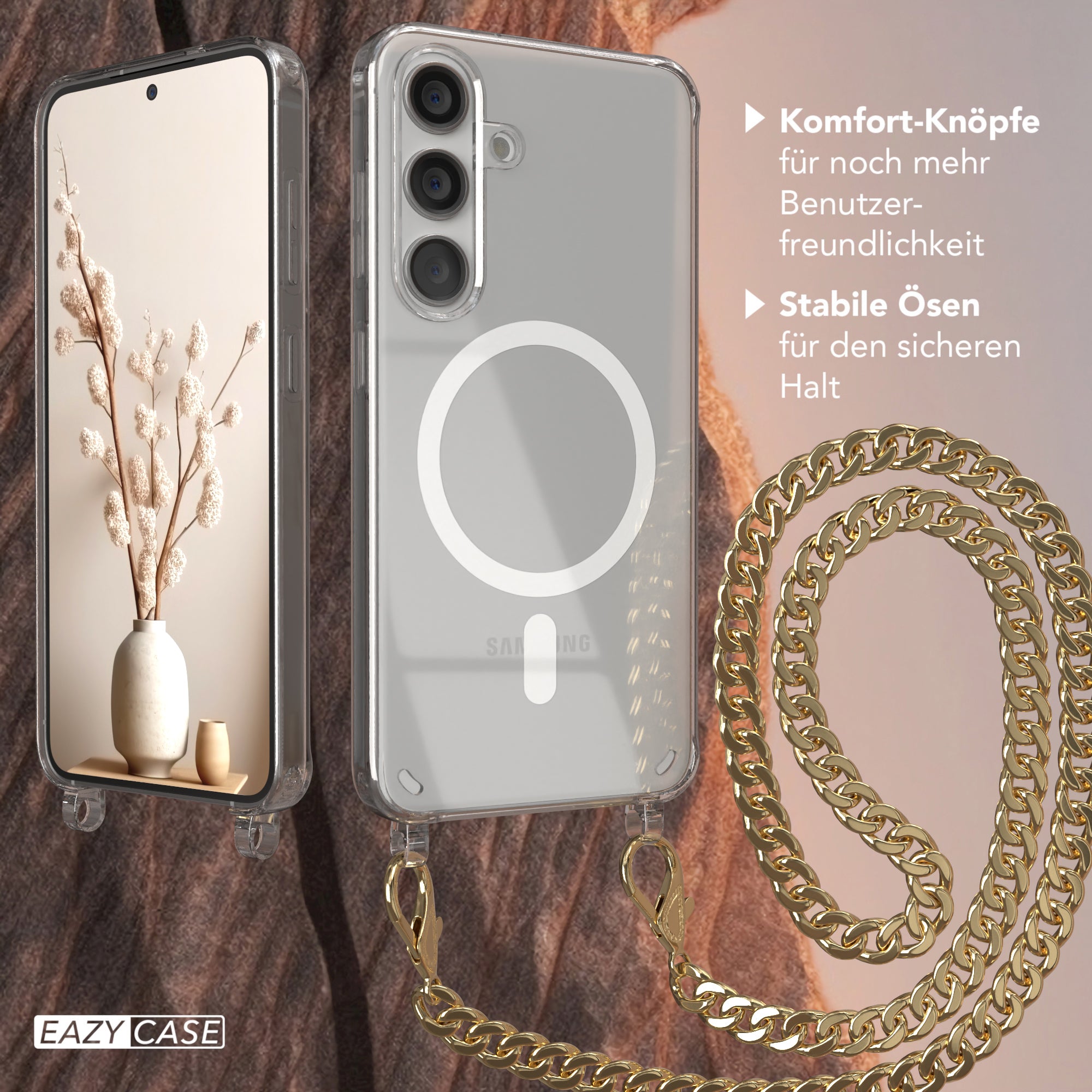 Galaxy S24 Hülle mit Metallkette + Schwarze Kordel mit MagSafe