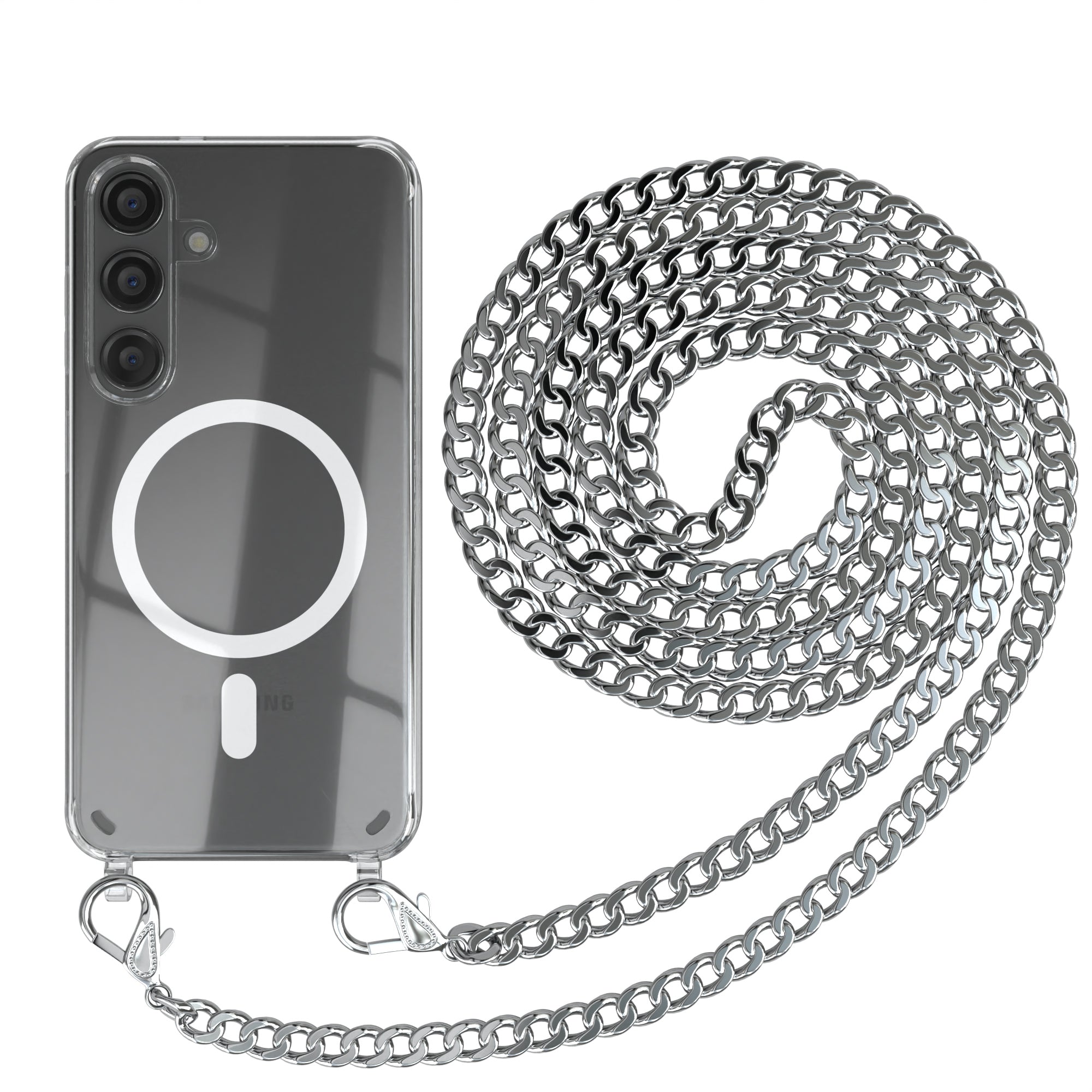 Galaxy S24 Hülle mit Metallkette + Schwarze Kordel mit MagSafe