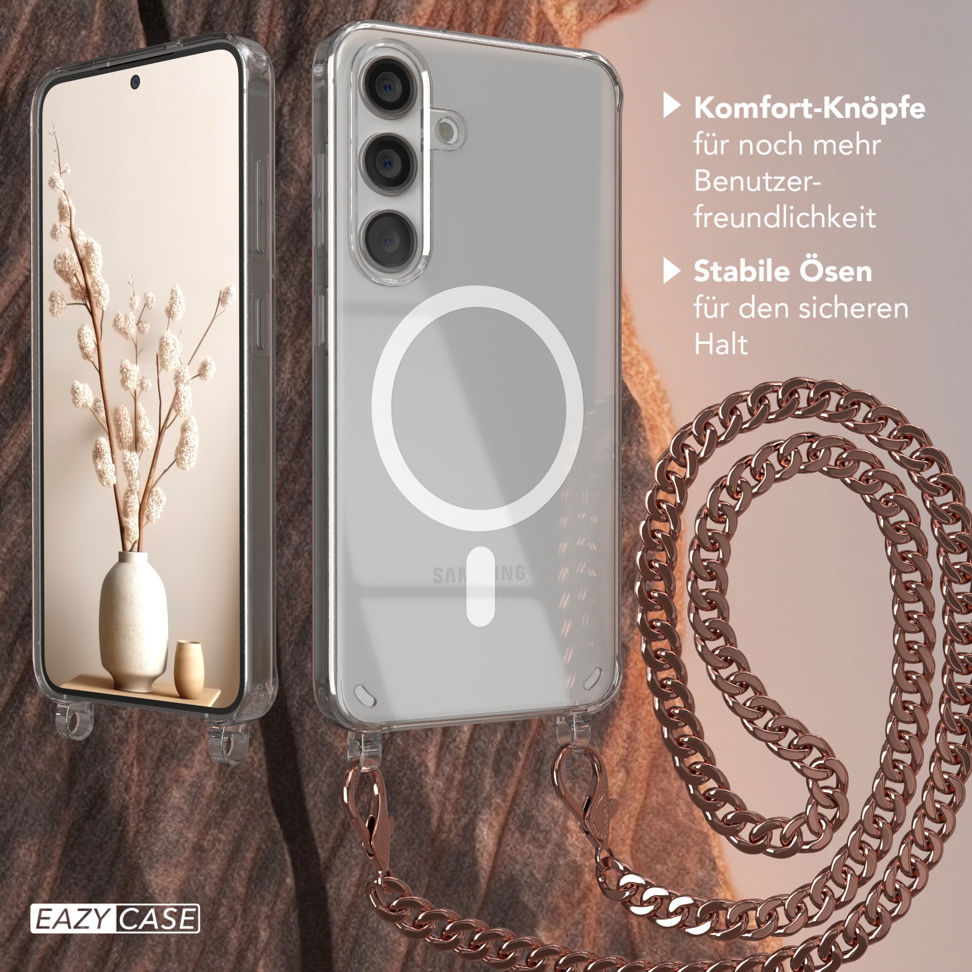 Galaxy S24 Hülle mit Metallkette + Schwarze Kordel mit MagSafe
