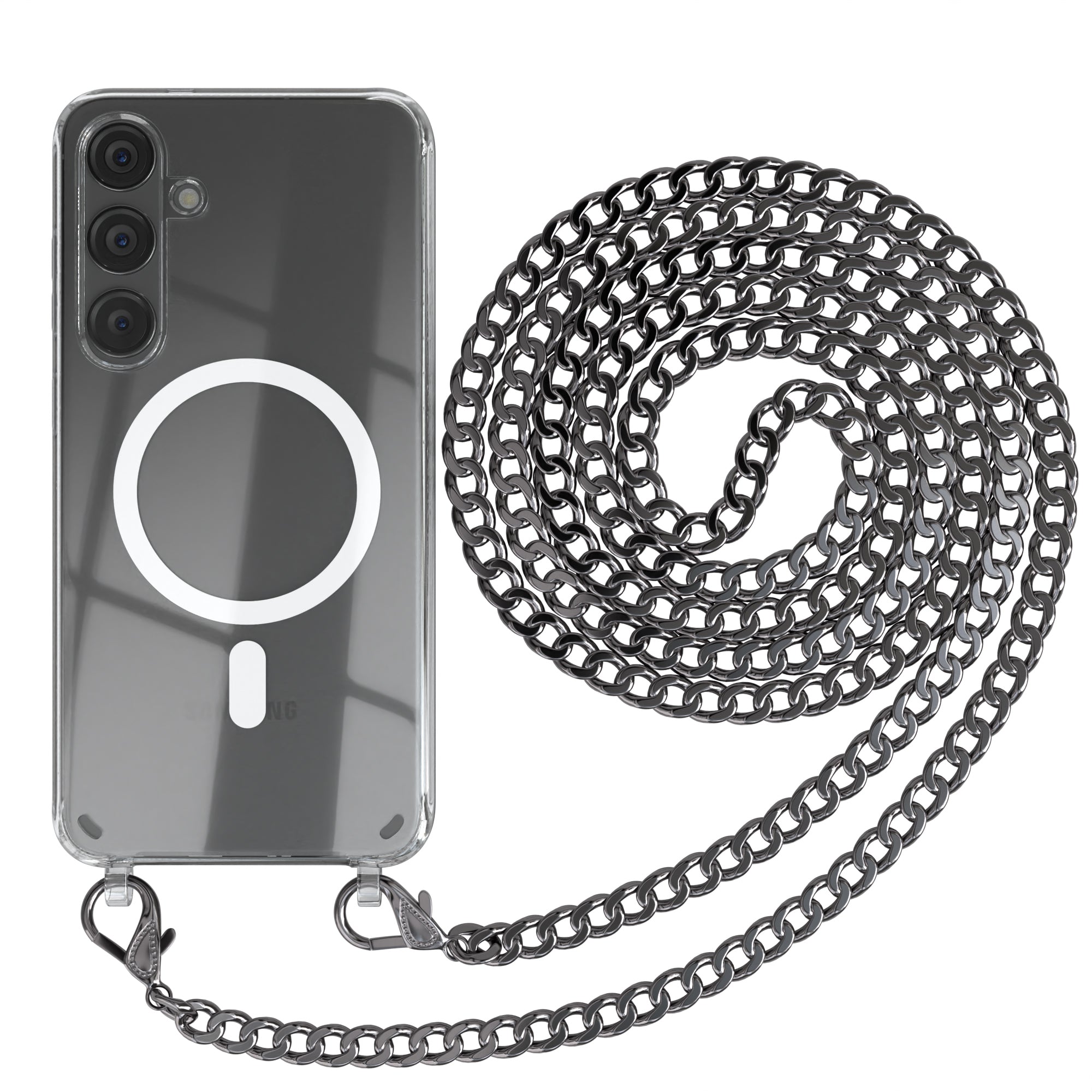 Galaxy S24 Plus Hülle mit Metallkette + Schwarze Kordel mit MagSafe