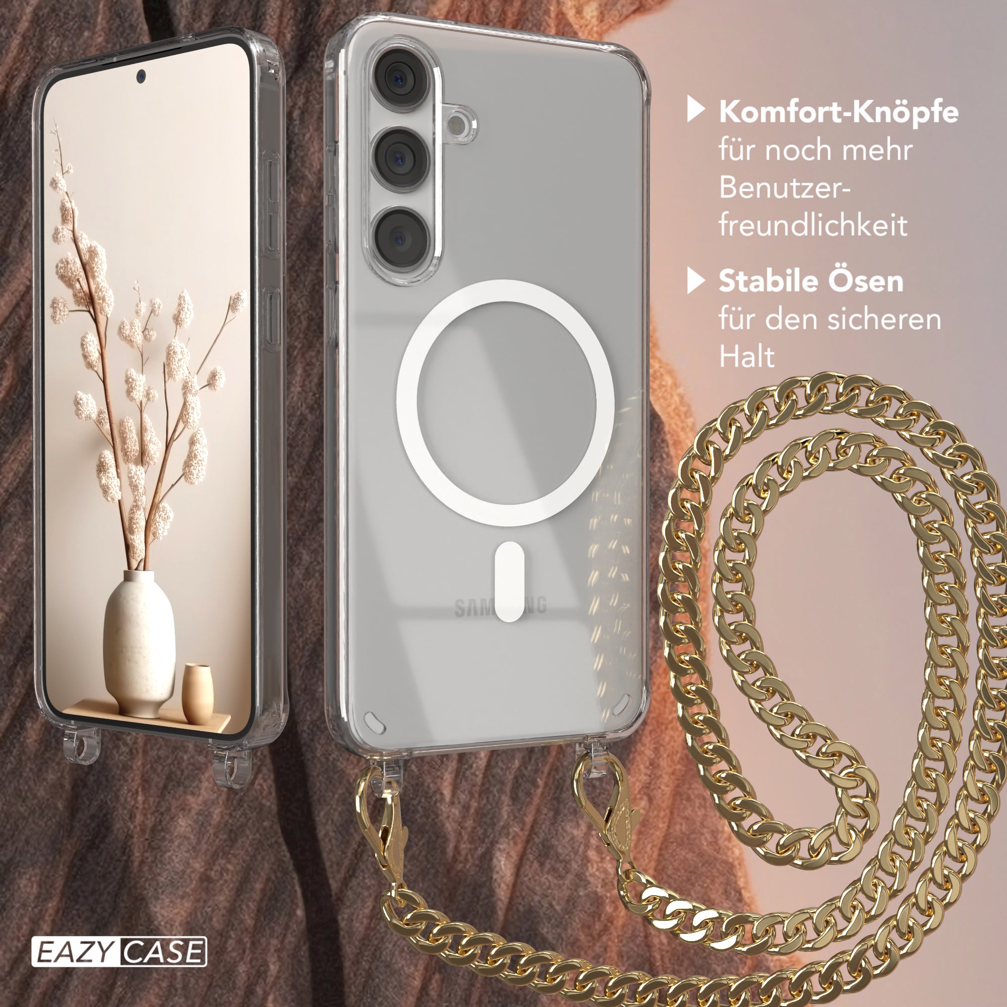 Galaxy S24 Plus Hülle mit Metallkette + Schwarze Kordel mit MagSafe