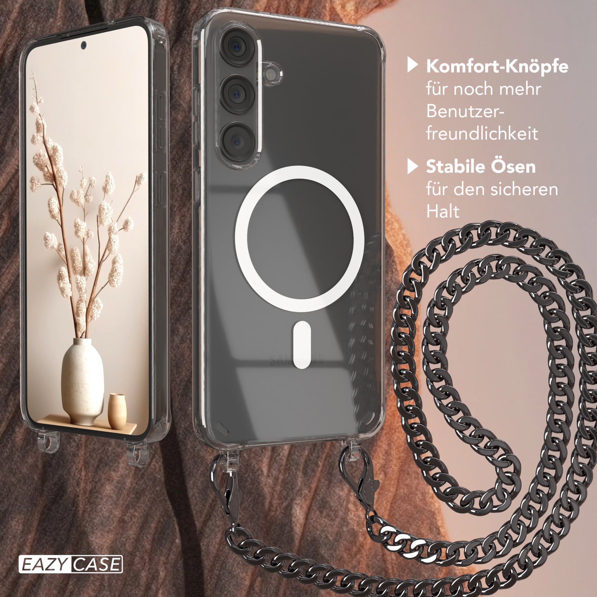 Galaxy S24 Plus Hülle mit Metallkette + Schwarze Kordel mit MagSafe