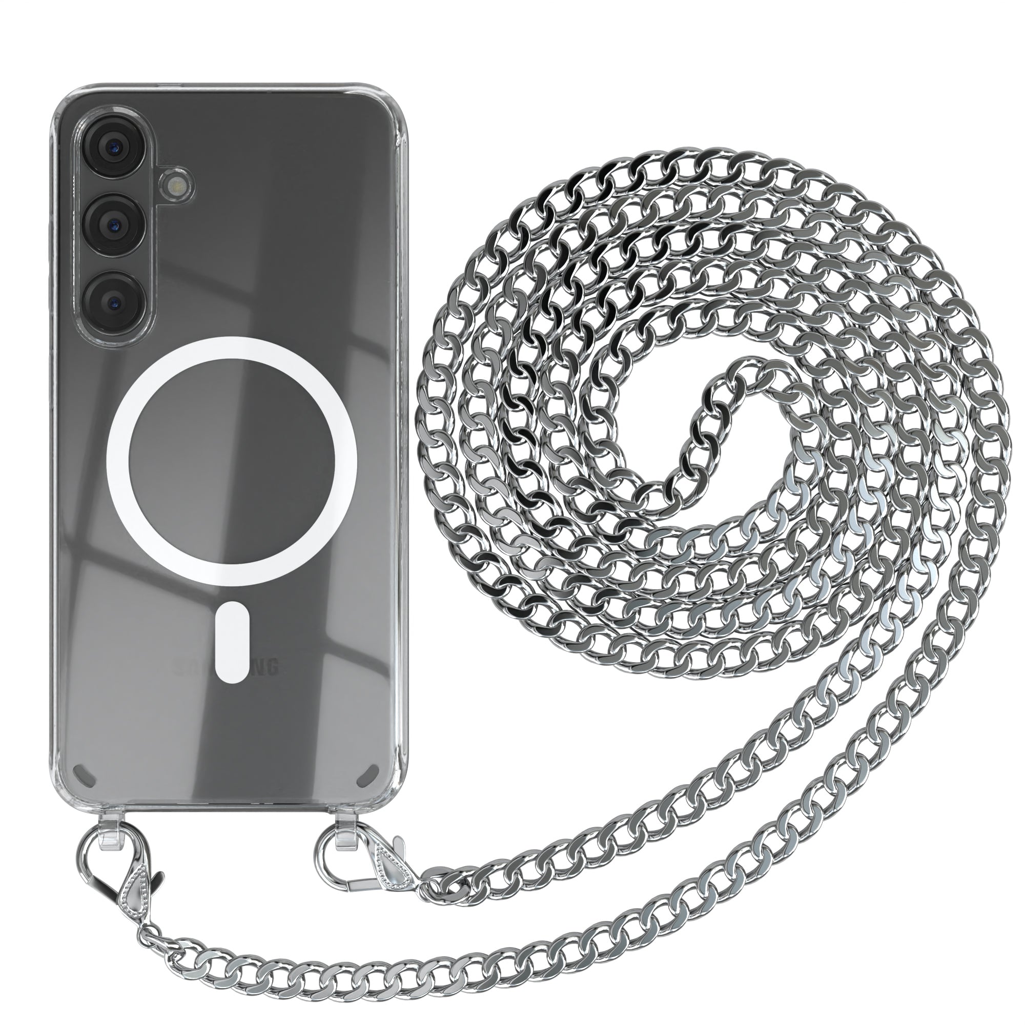 Galaxy S24 Plus Hülle mit Metallkette + Schwarze Kordel mit MagSafe