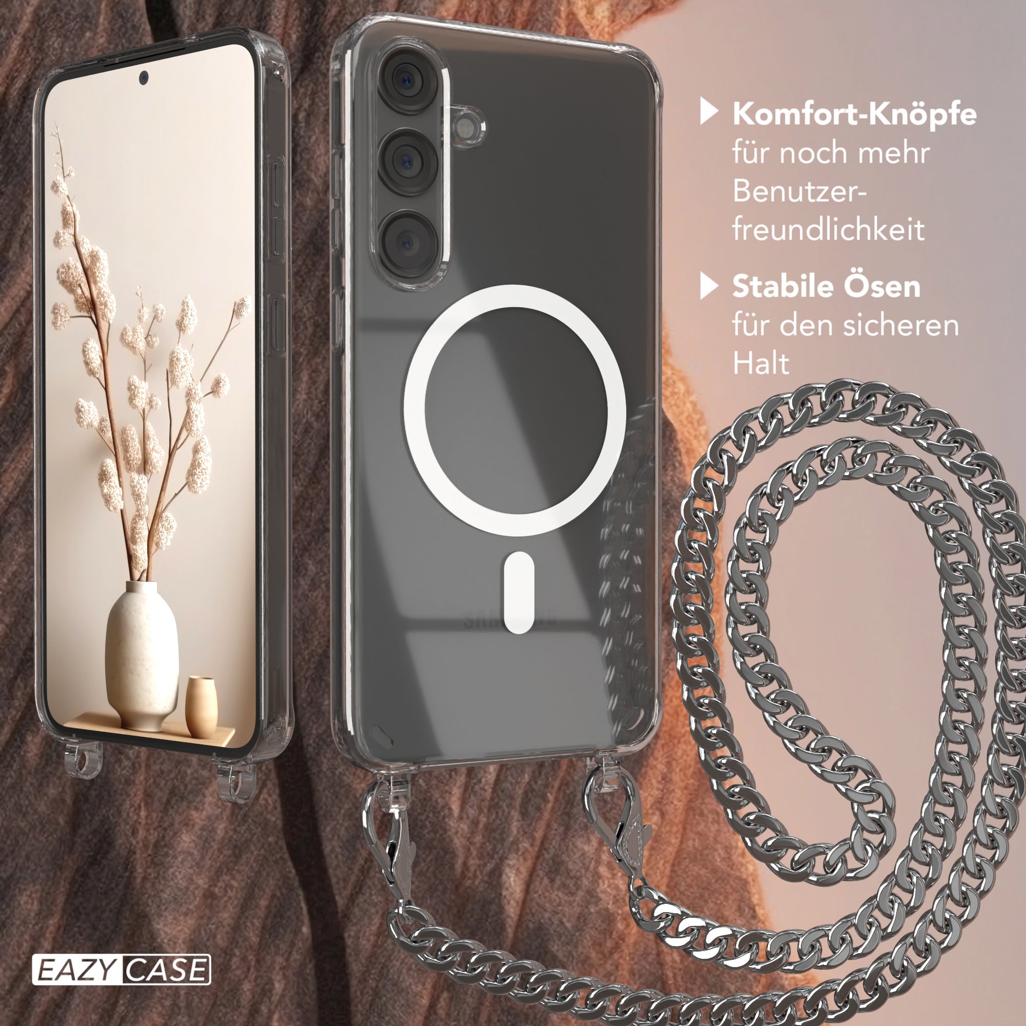 Galaxy S24 Plus Hülle mit Metallkette + Schwarze Kordel mit MagSafe