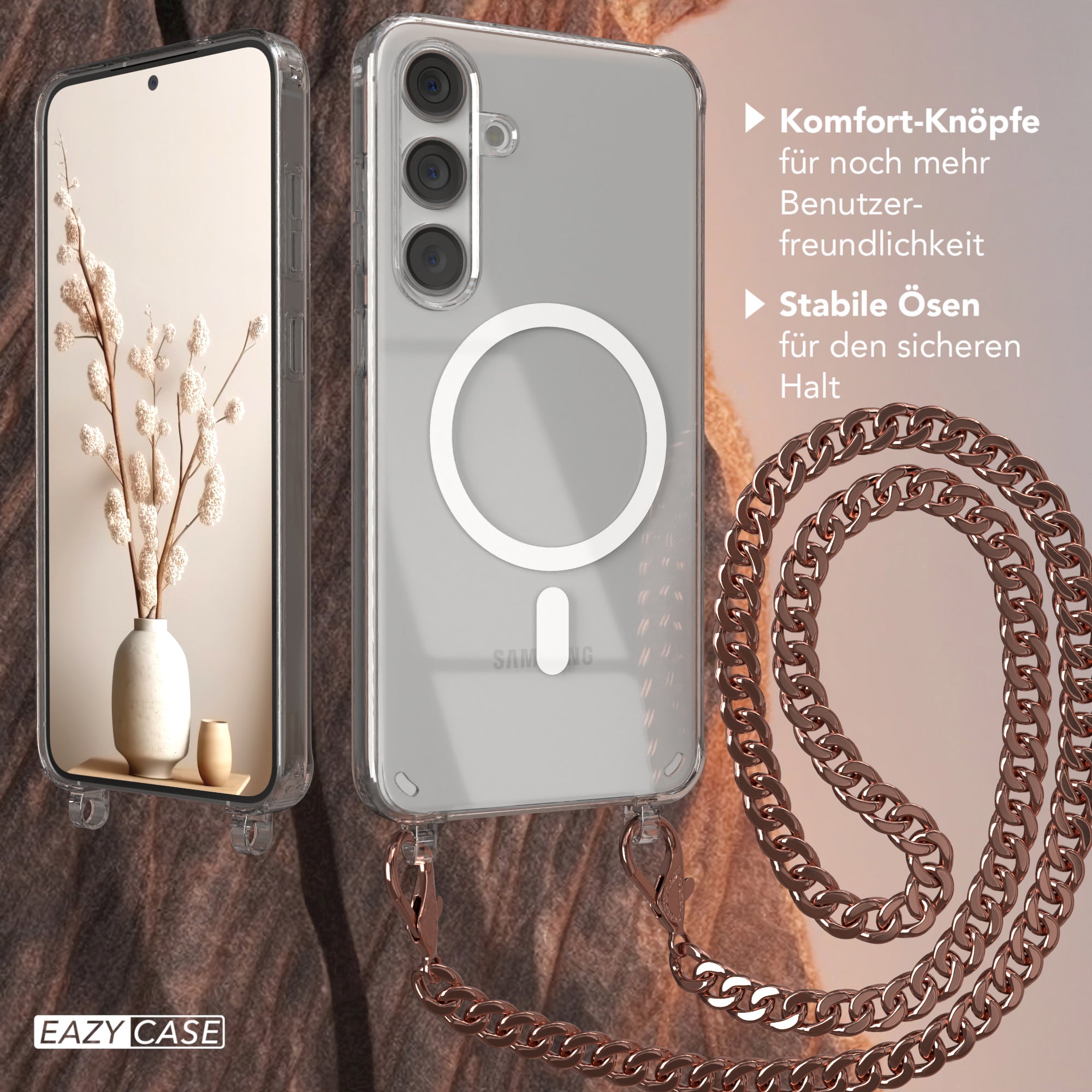 Galaxy S24 Plus Hülle mit Metallkette + Schwarze Kordel mit MagSafe