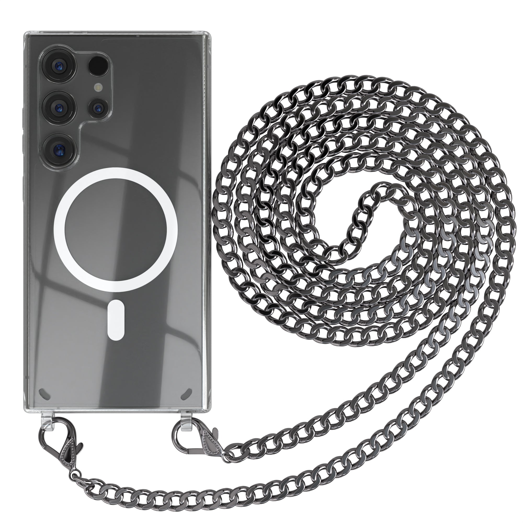 Galaxy S24 Ultra Hülle mit Metallkette + Schwarze Kordel mit MagSafe