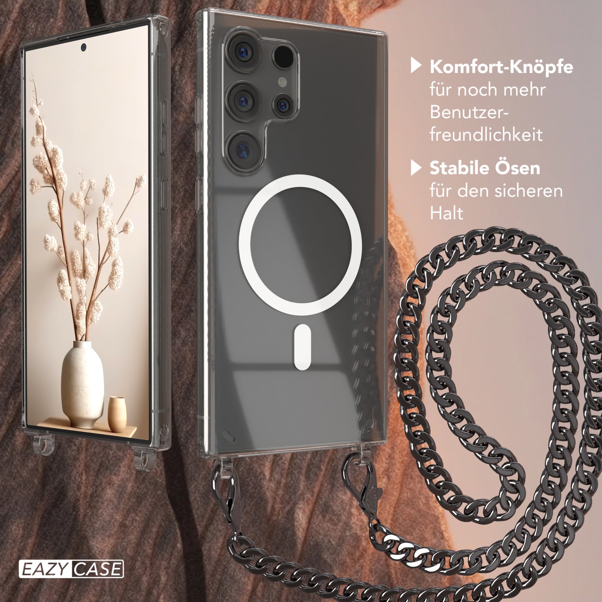 Galaxy S24 Ultra Hülle mit Metallkette + Schwarze Kordel mit MagSafe