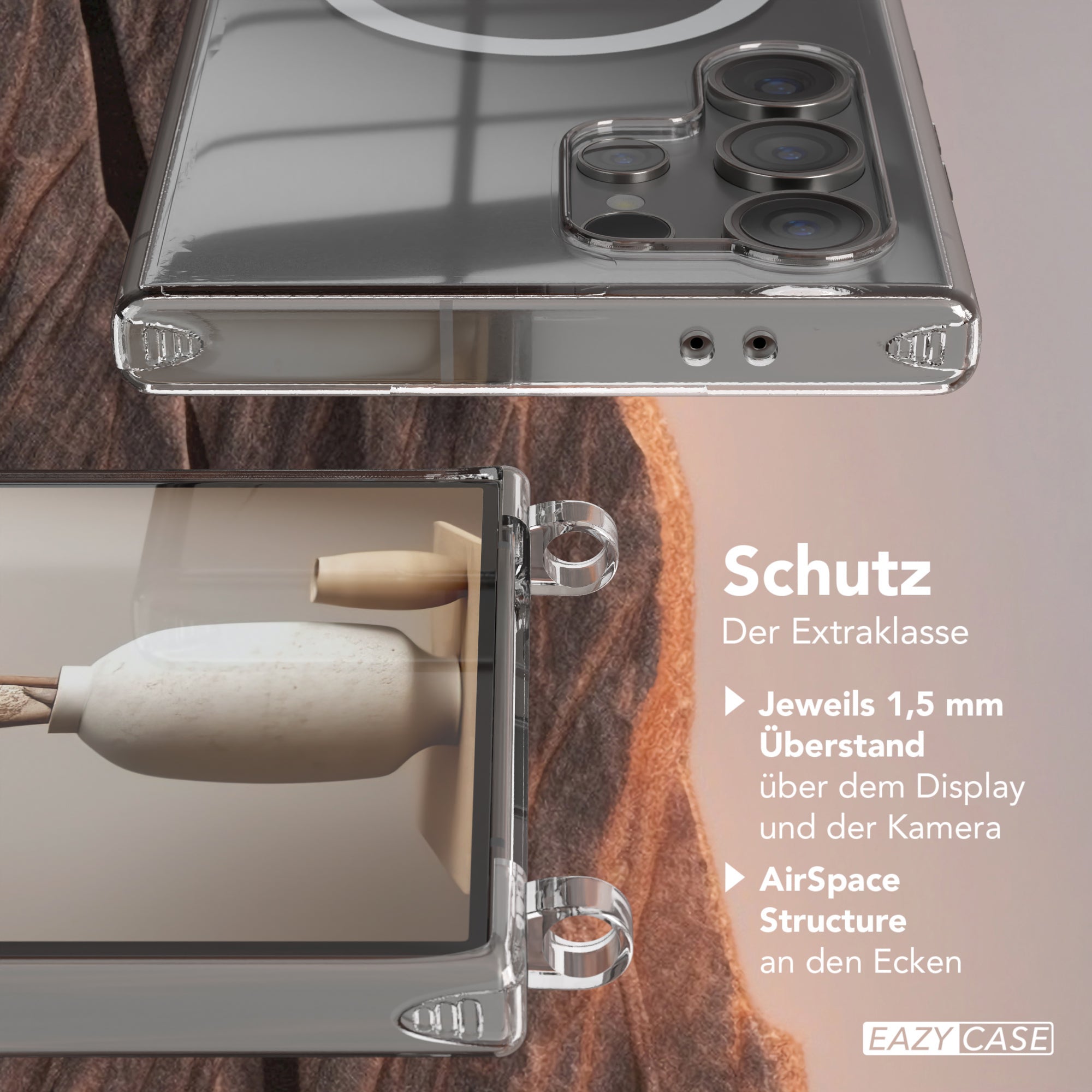 Galaxy S24 Ultra Hülle mit Metallkette + Schwarze Kordel mit MagSafe