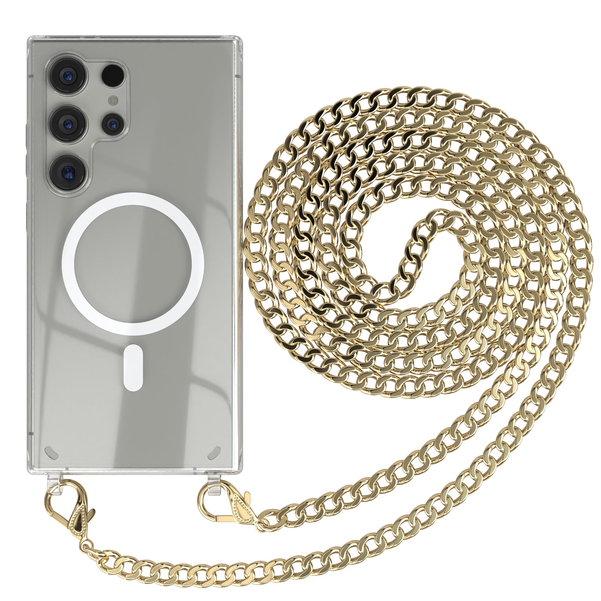 Galaxy S24 Ultra Hülle mit Metallkette + Schwarze Kordel mit MagSafe