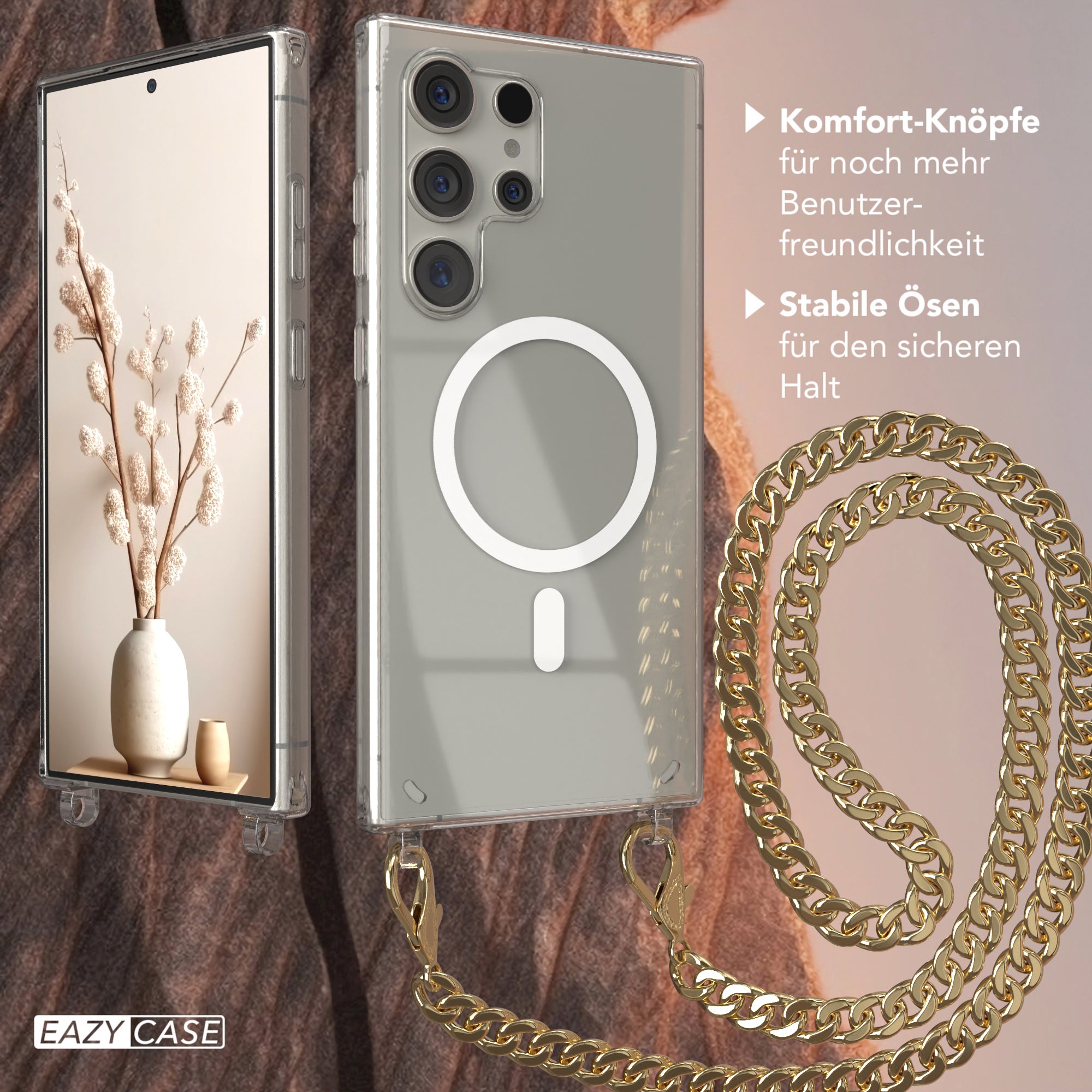 Galaxy S24 Ultra Hülle mit Metallkette + Schwarze Kordel mit MagSafe