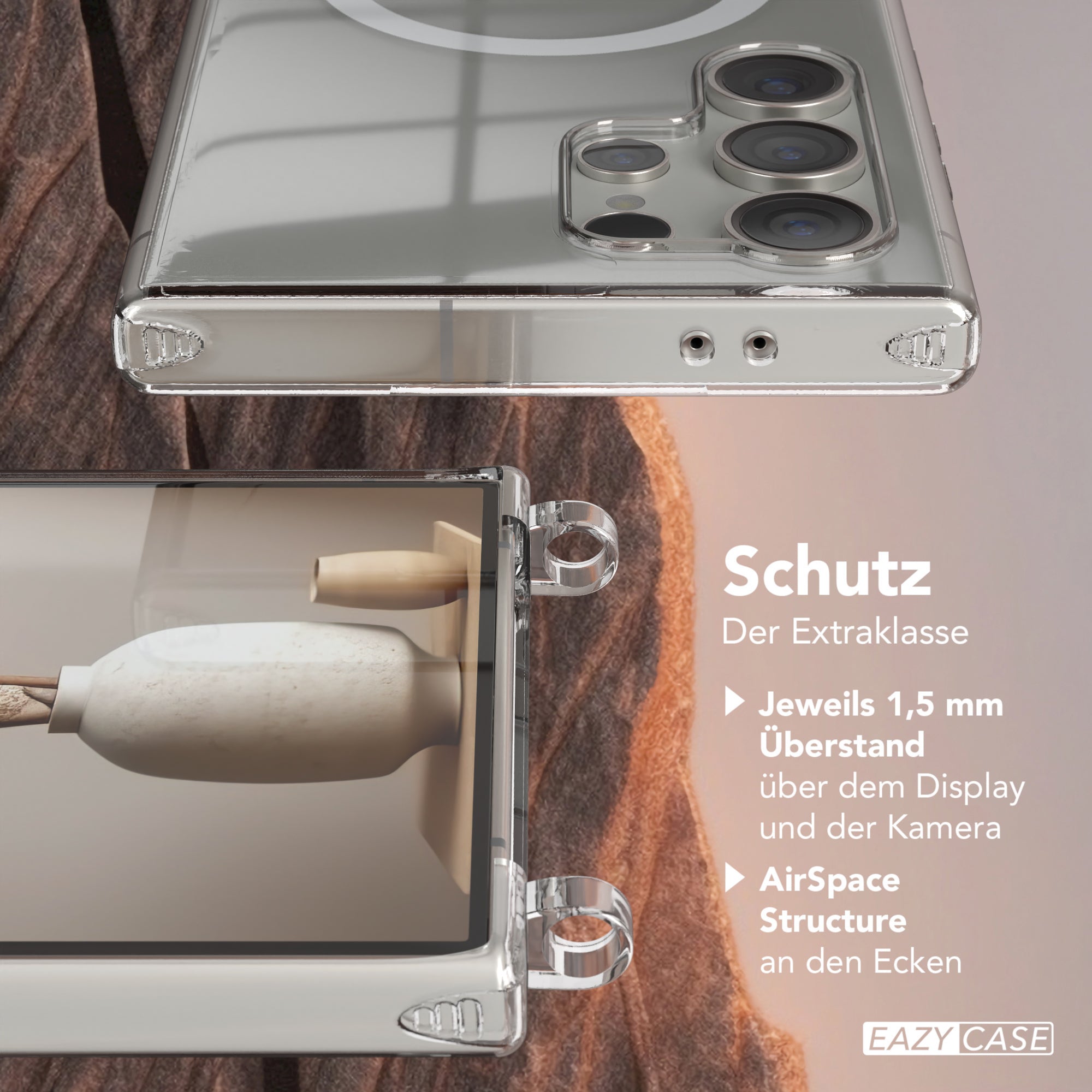 Galaxy S24 Ultra Hülle mit Metallkette + Schwarze Kordel mit MagSafe