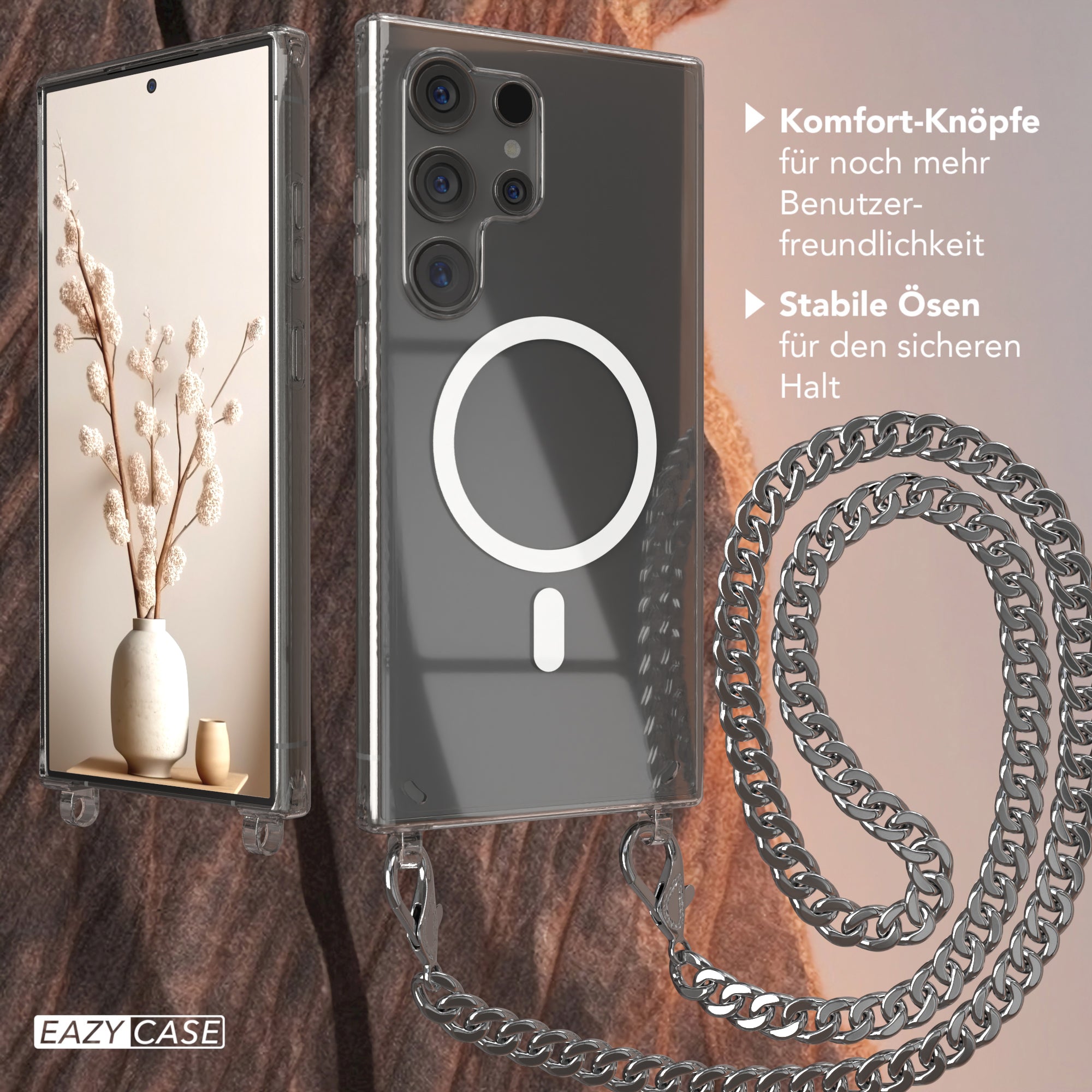 Galaxy S24 Ultra Hülle mit Metallkette + Schwarze Kordel mit MagSafe