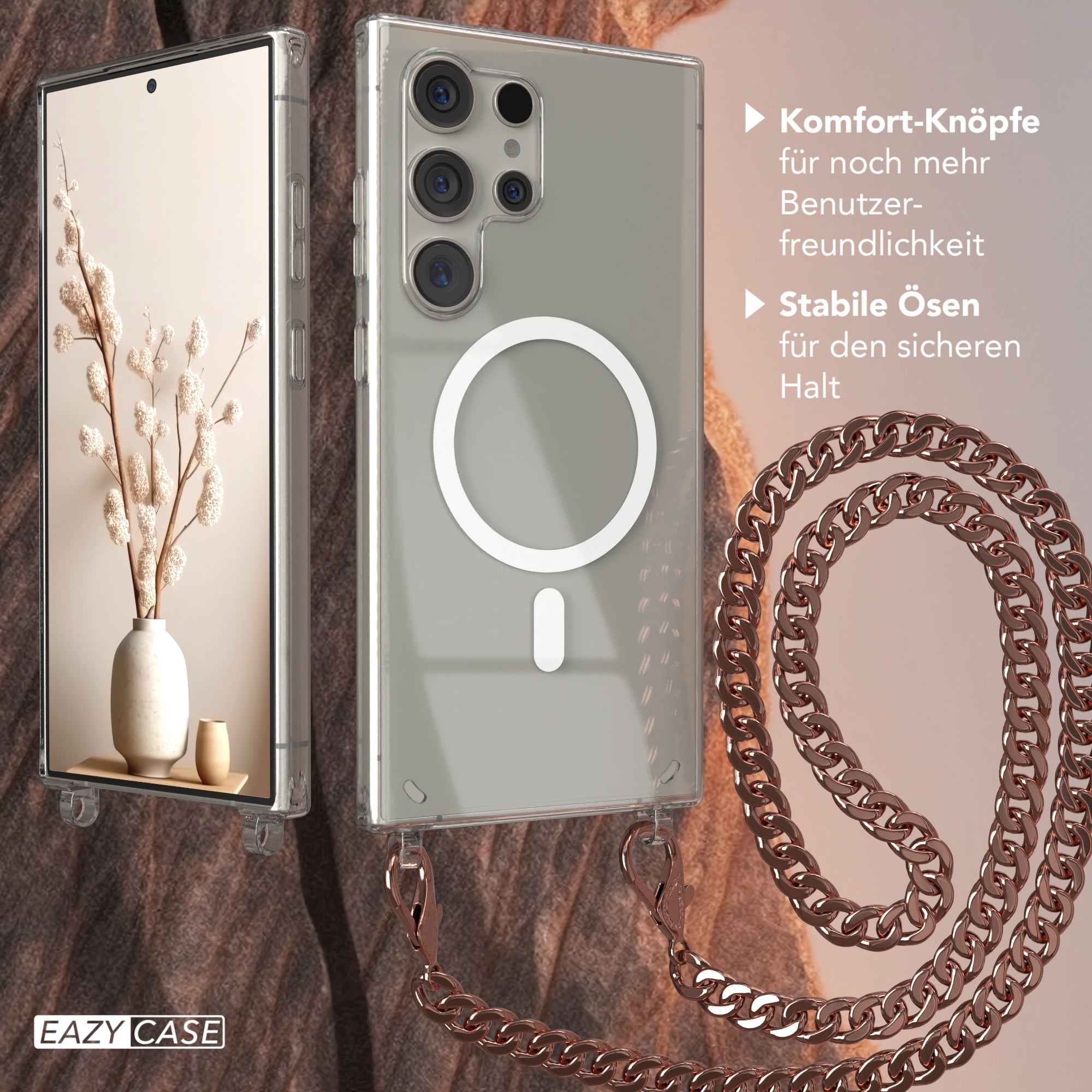Galaxy S24 Ultra Hülle mit Metallkette + Schwarze Kordel mit MagSafe