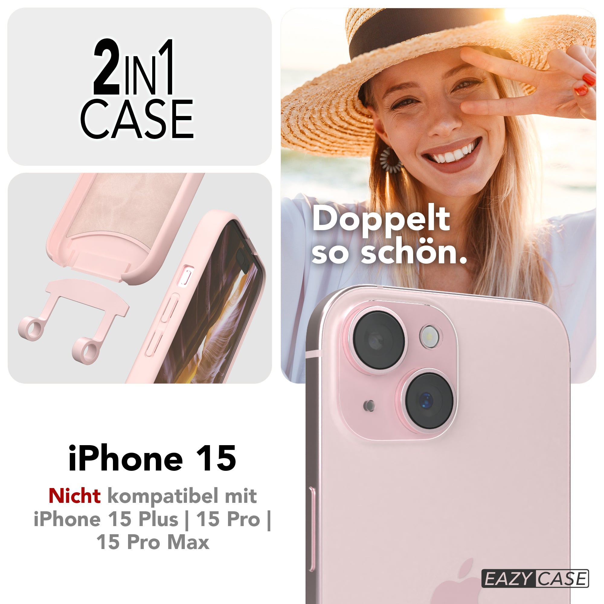 iPhone 15 2in1 Hülle + Kordel mit Karabinern