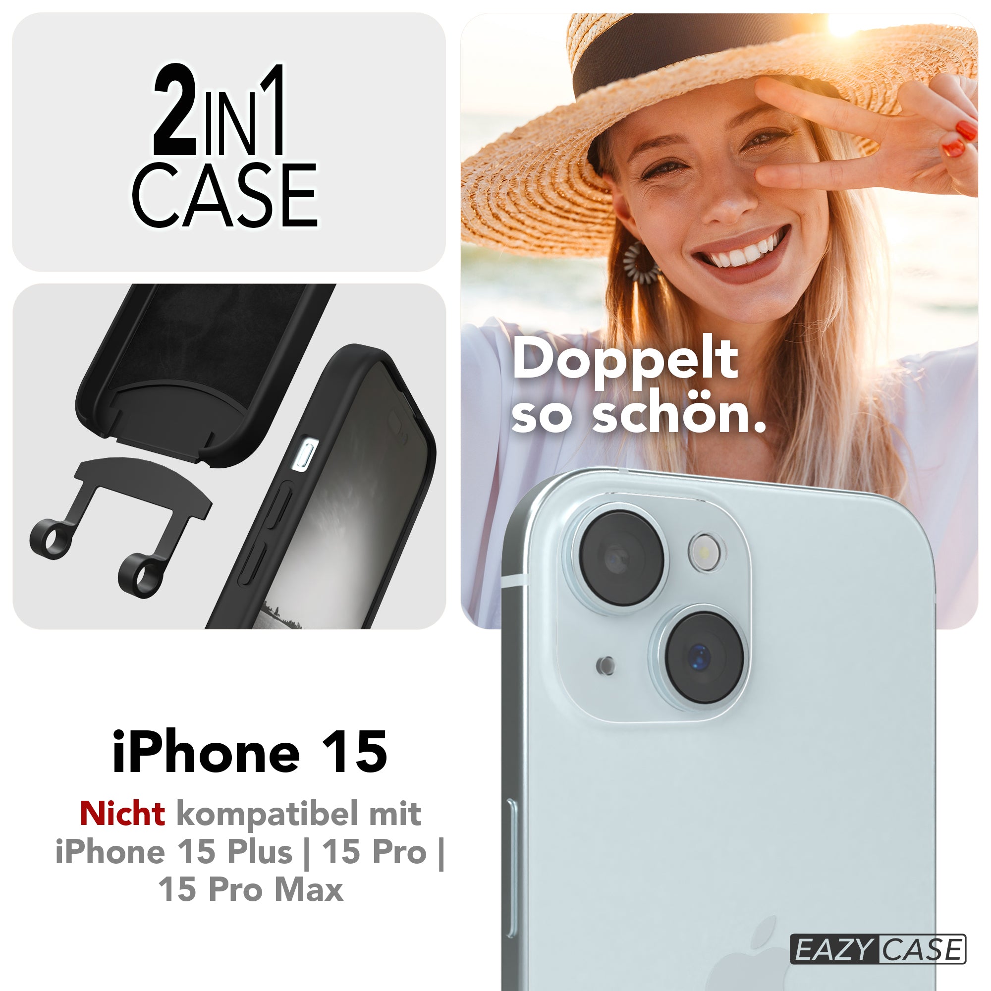 iPhone 15 2in1 Hülle + Kordel mit Karabinern
