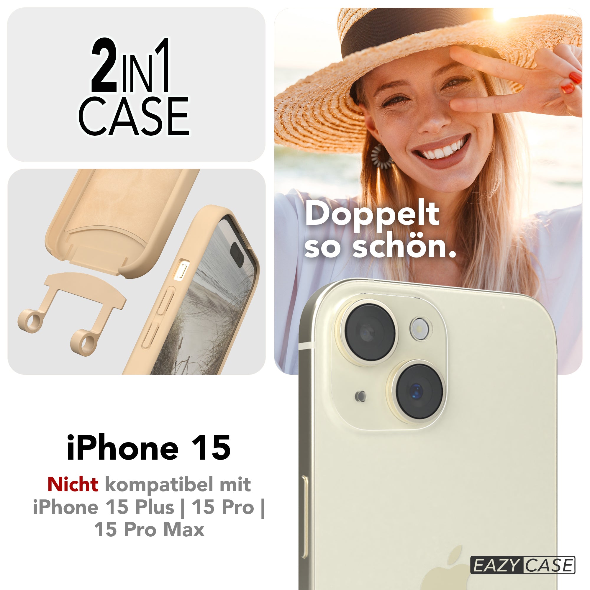 iPhone 15 2in1 Hülle + Kordel mit Karabinern