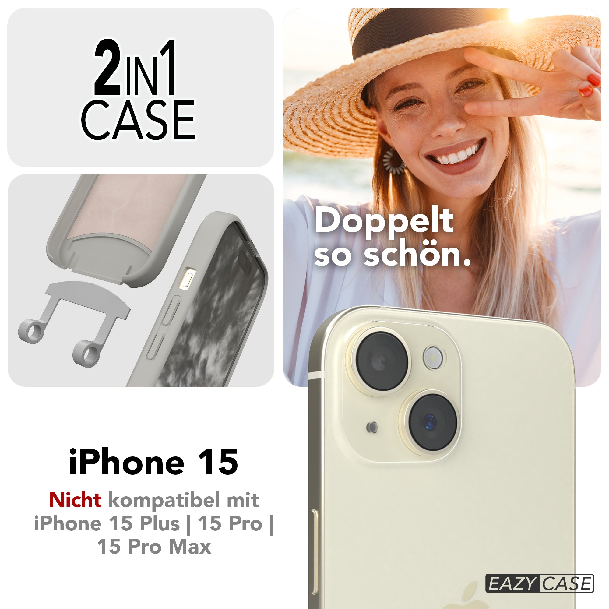 iPhone 15 2in1 Hülle + Kordel mit Karabinern
