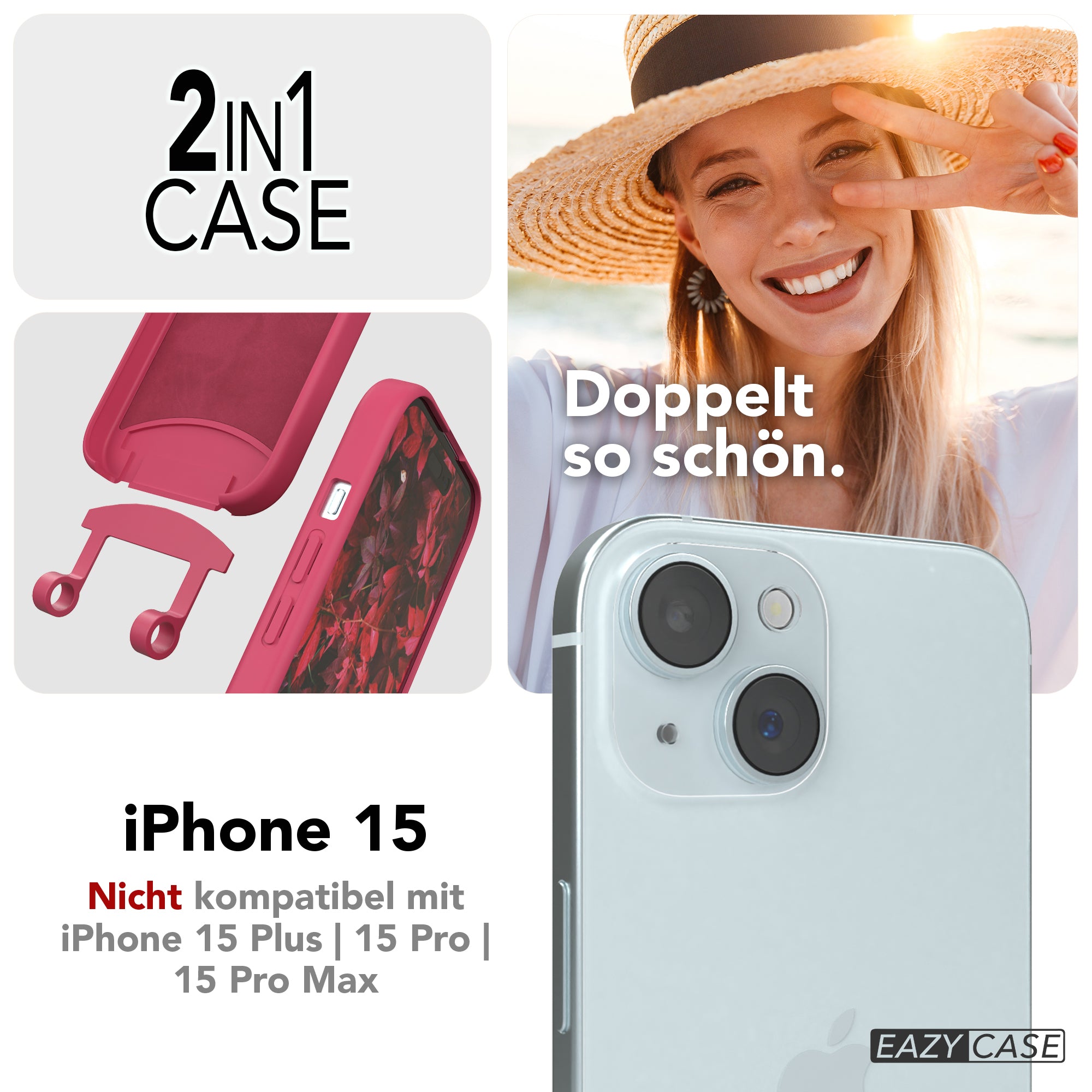 iPhone 15 2in1 Hülle + Kordel mit Karabinern