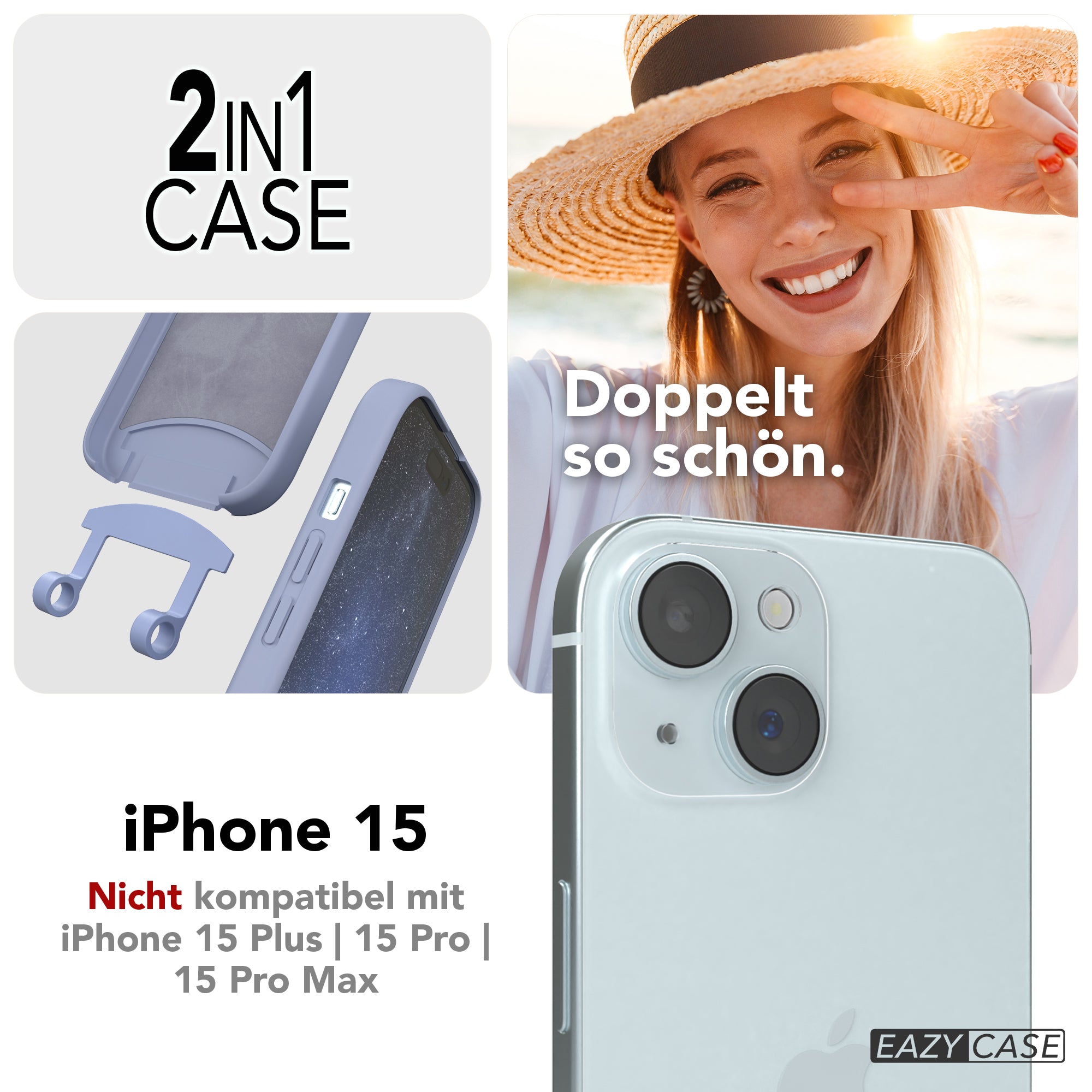 iPhone 15 2in1 Hülle + Kordel mit Karabinern