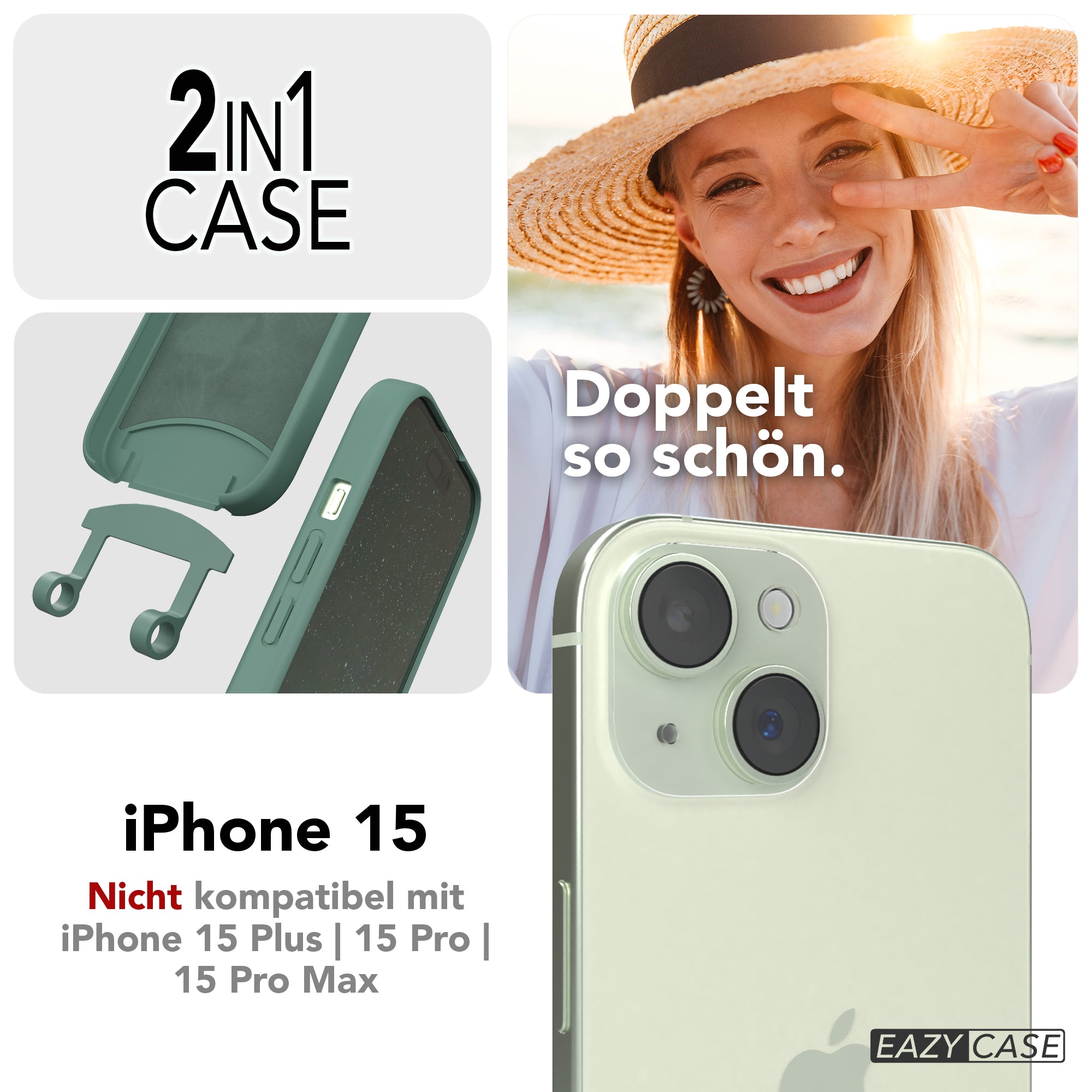 iPhone 15 2in1 Hülle + Kordel mit Karabinern