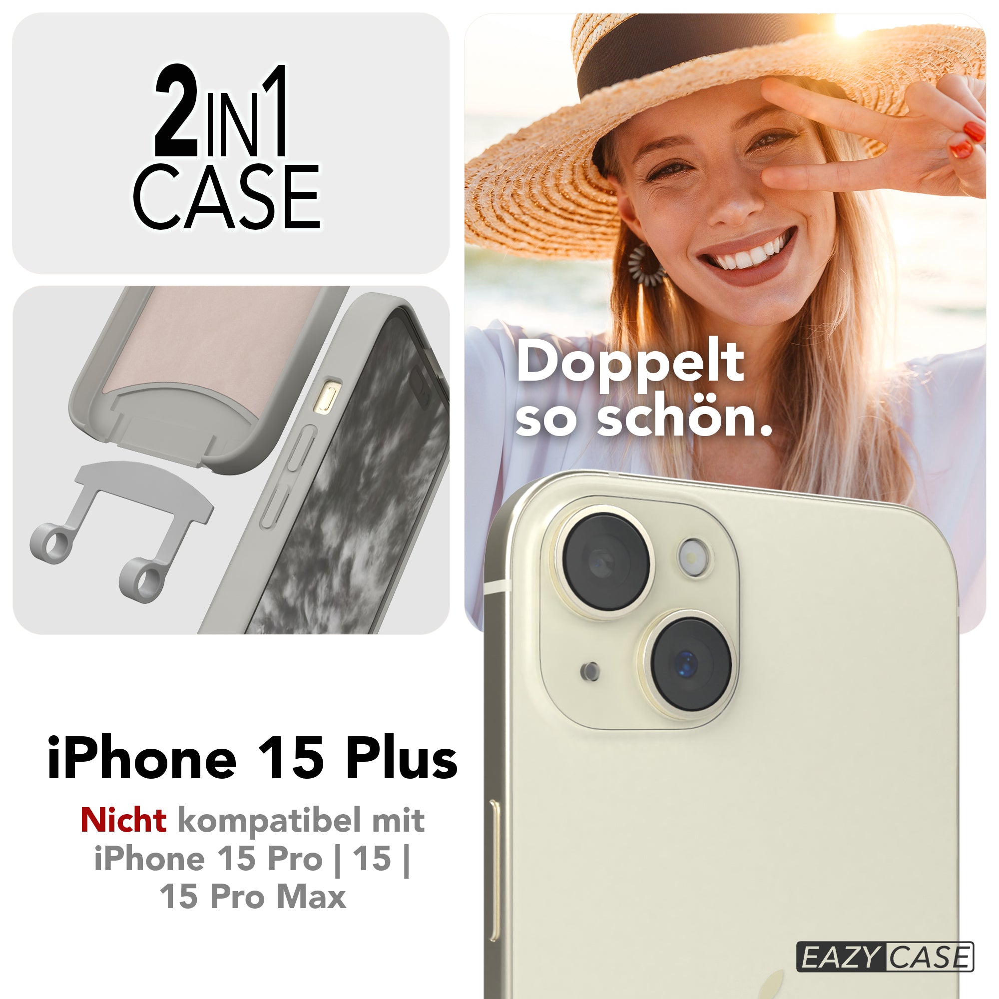 iPhone 15 Plus 2in1 Hülle + Kordel mit Karabinern