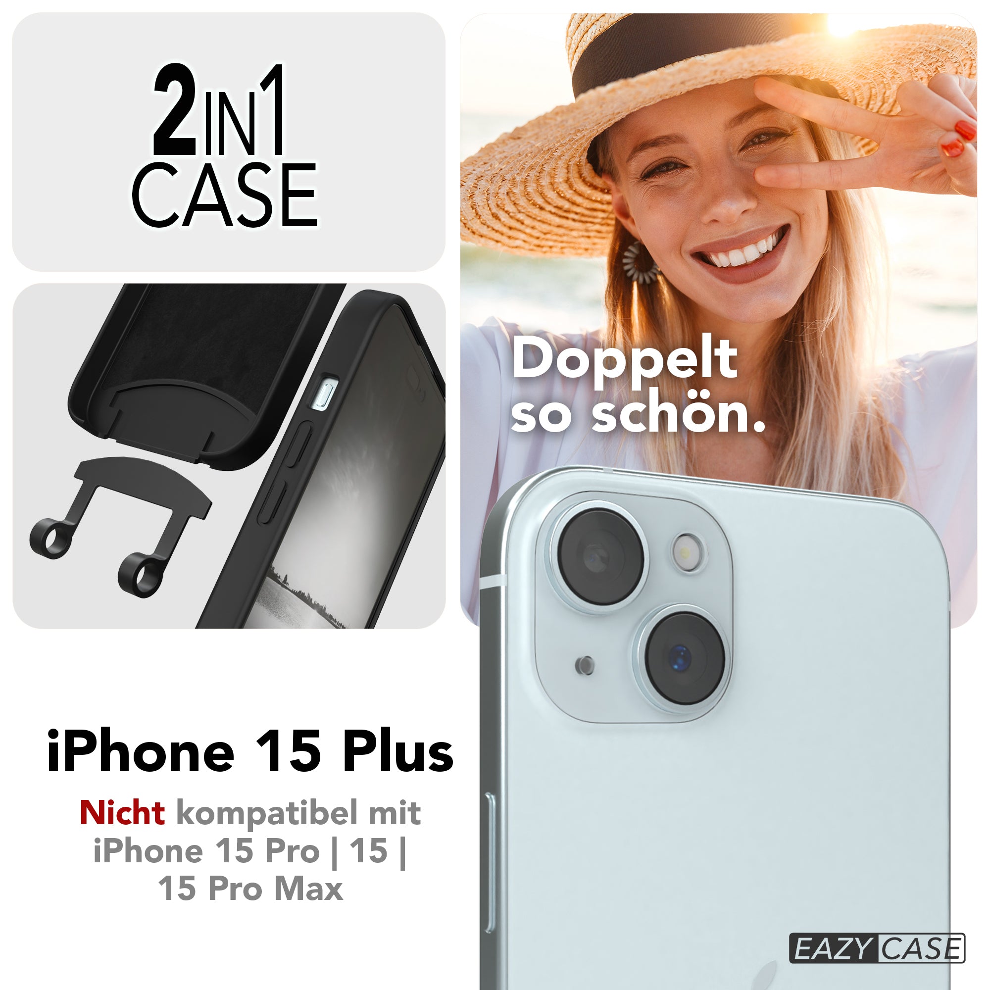 iPhone 15 Plus 2in1 Hülle + Kordel mit Karabinern