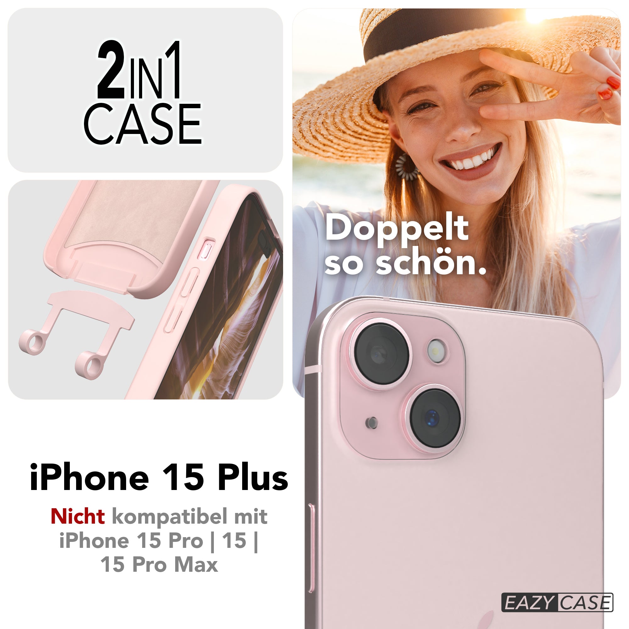iPhone 15 Plus 2in1 Hülle + Kordel mit Karabinern