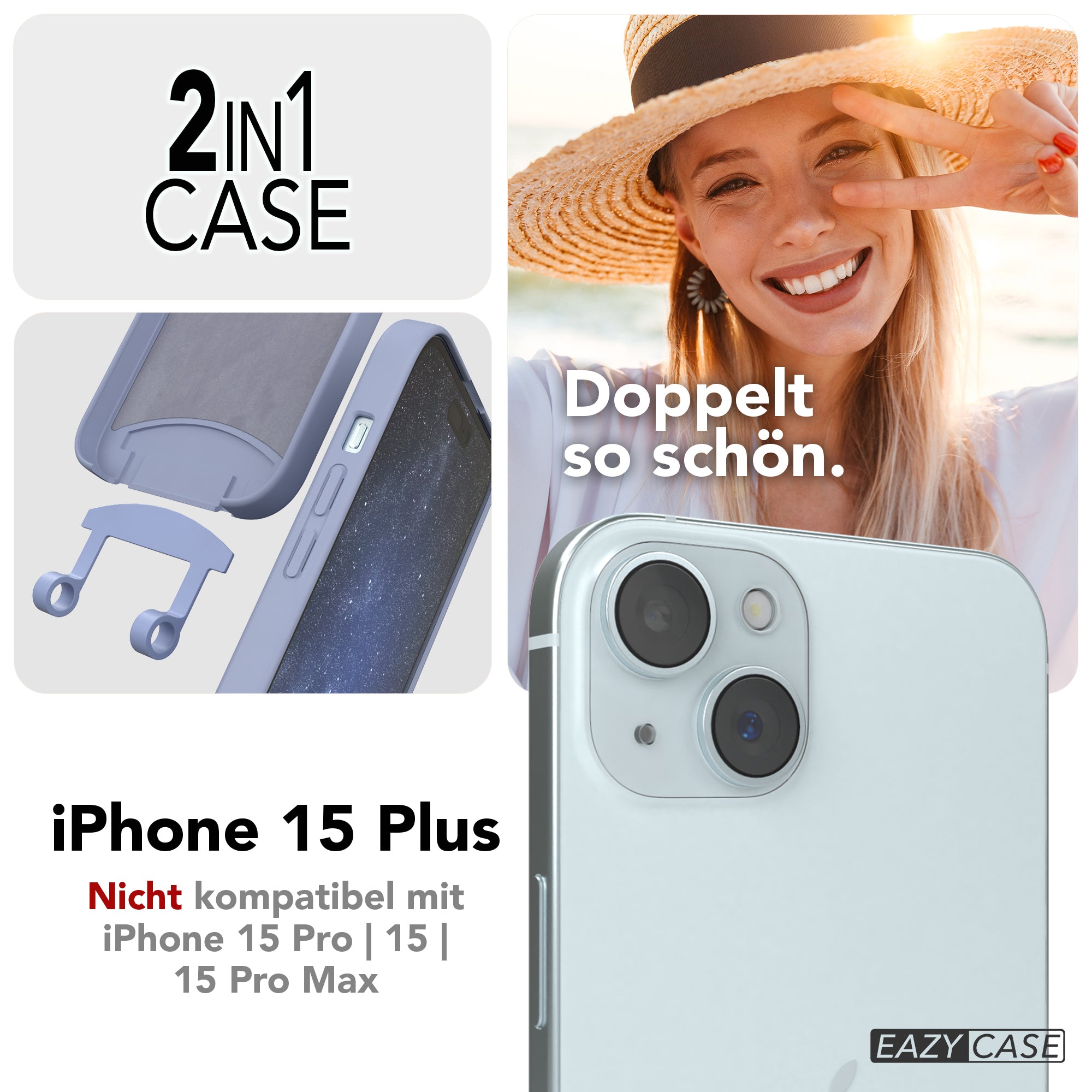 iPhone 15 Plus 2in1 Hülle + Kordel mit Karabinern
