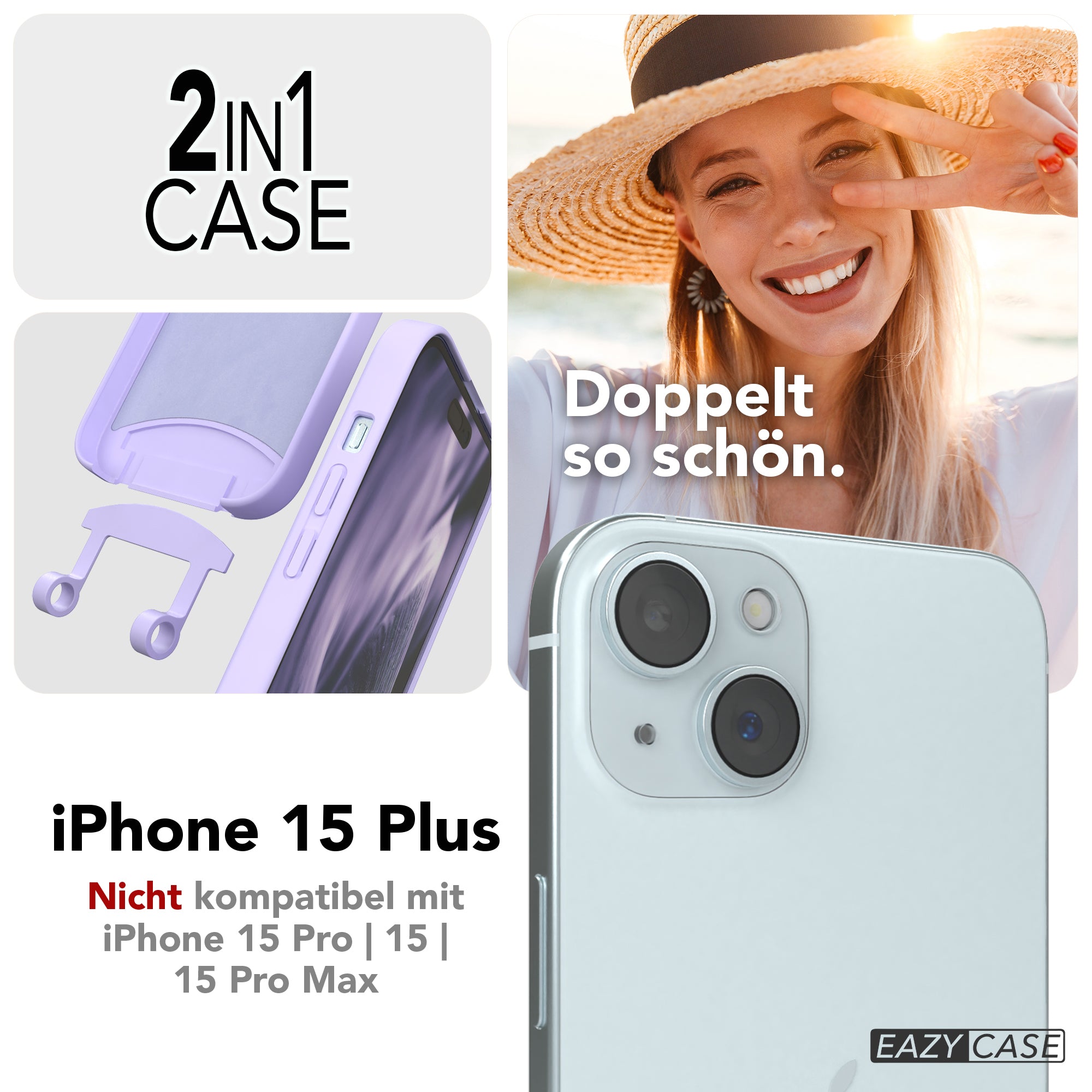 iPhone 15 Plus 2in1 Hülle + Kordel mit Karabinern