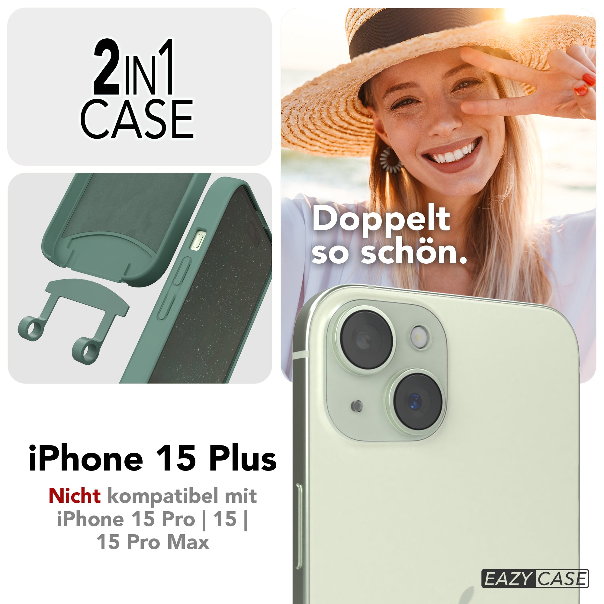 iPhone 15 Plus 2in1 Hülle + Kordel mit Karabinern