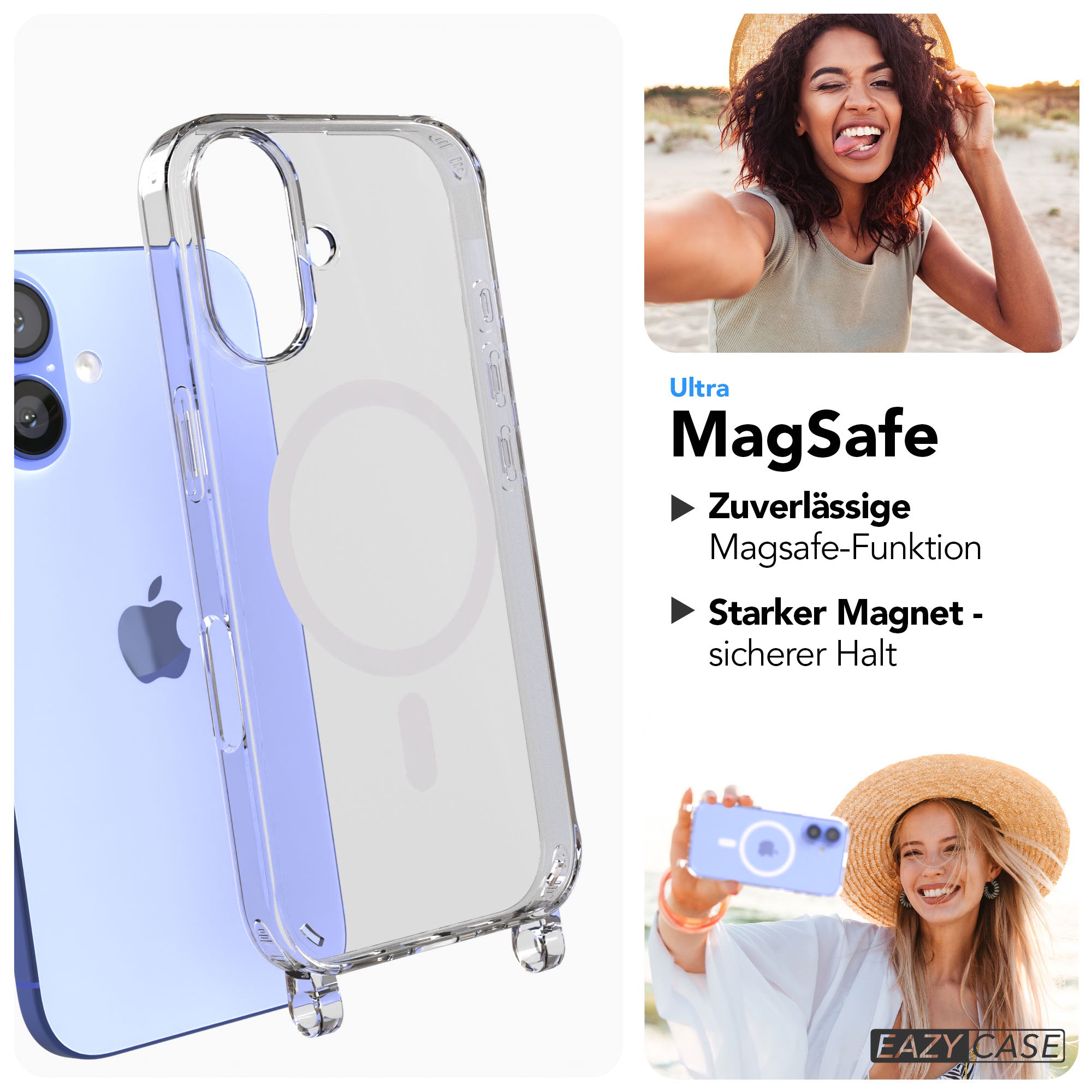 iPhone 16 transparente Handyhülle mit MagSafe und Befestigungsösen für Handyketten