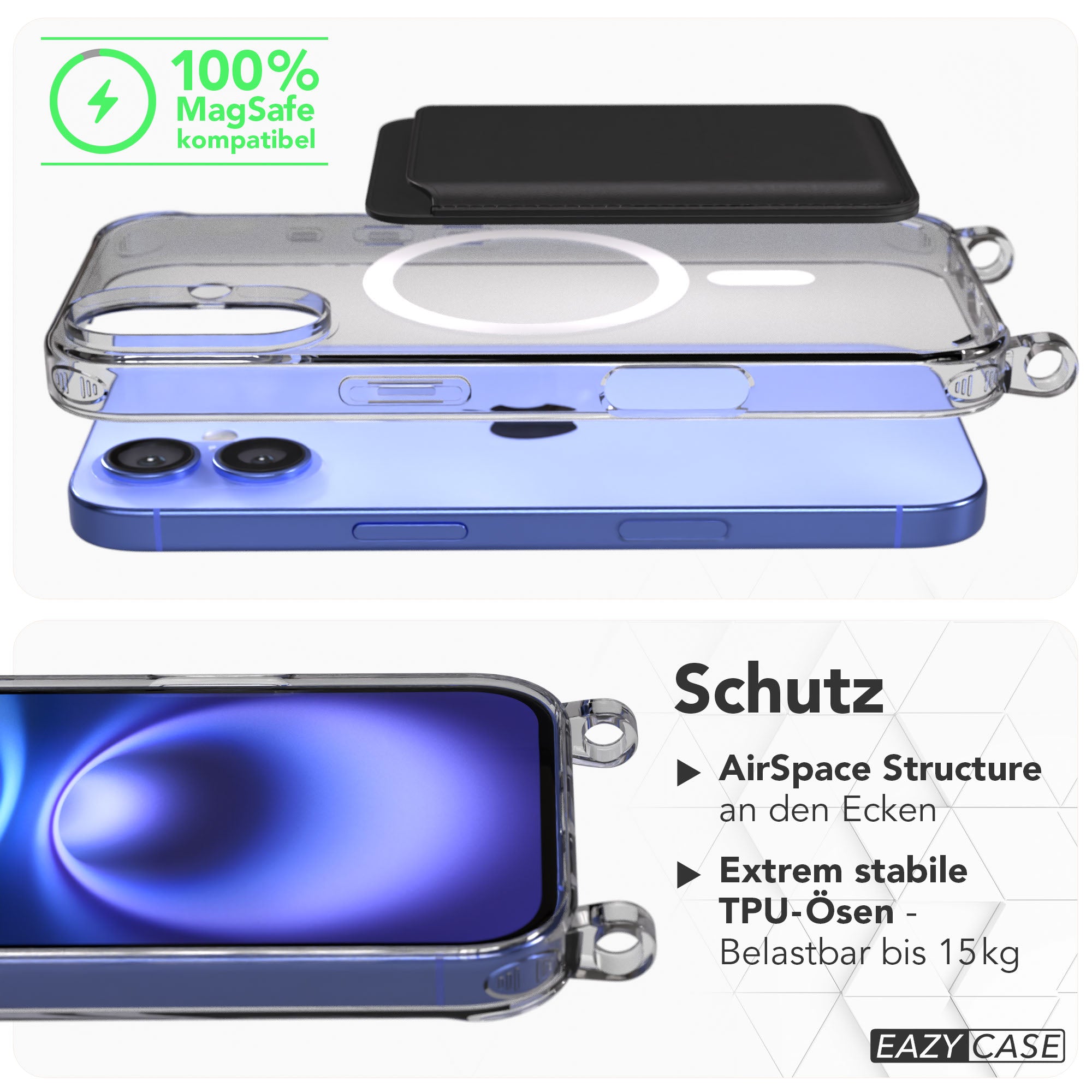 iPhone 16 transparente Handyhülle mit MagSafe und Befestigungsösen für Handyketten