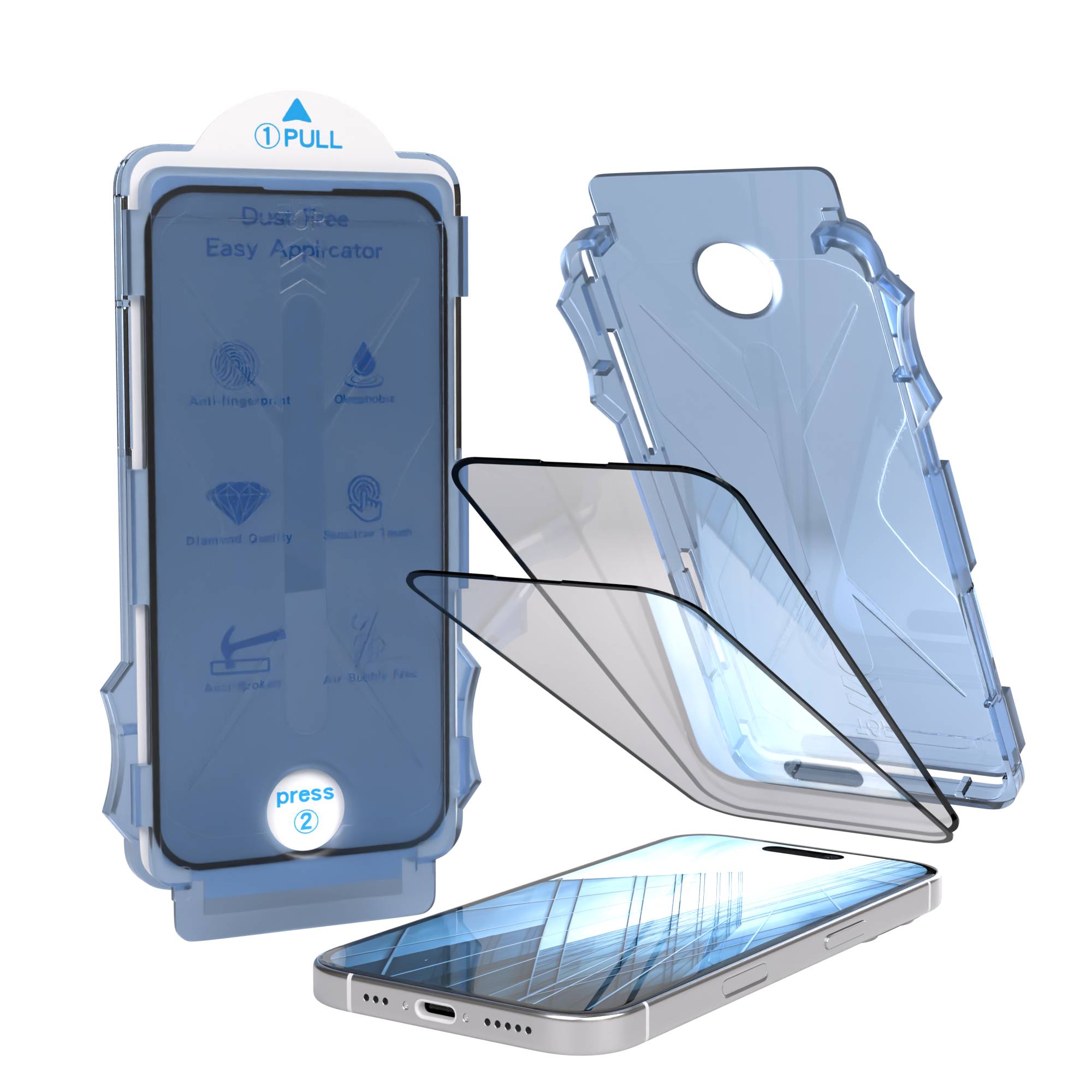 iPhone 16 Schutzfolie Set mit Installationsrahmen und Kameraschutz