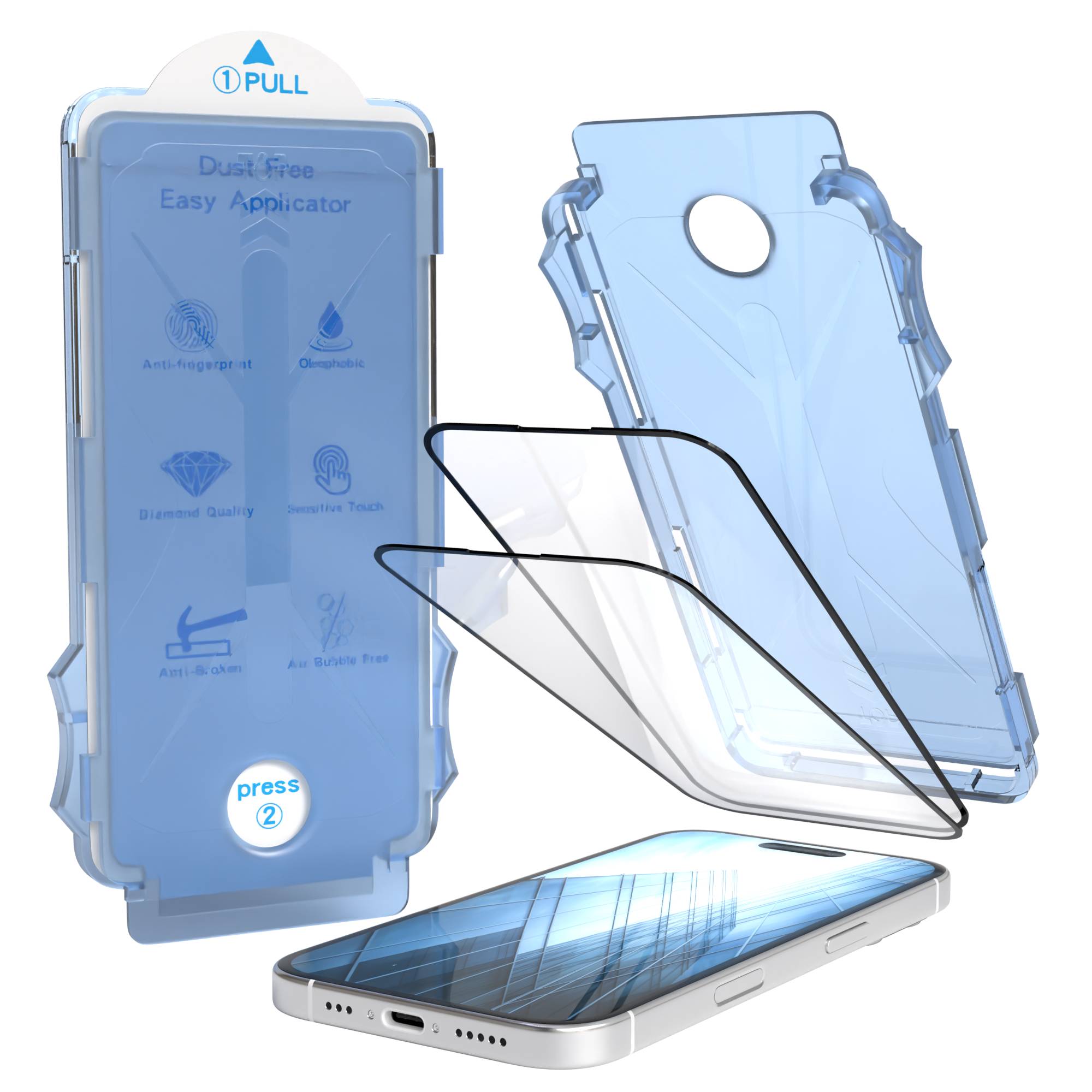 iPhone 16 Schutzfolie Set mit Installationsrahmen und Kameraschutz